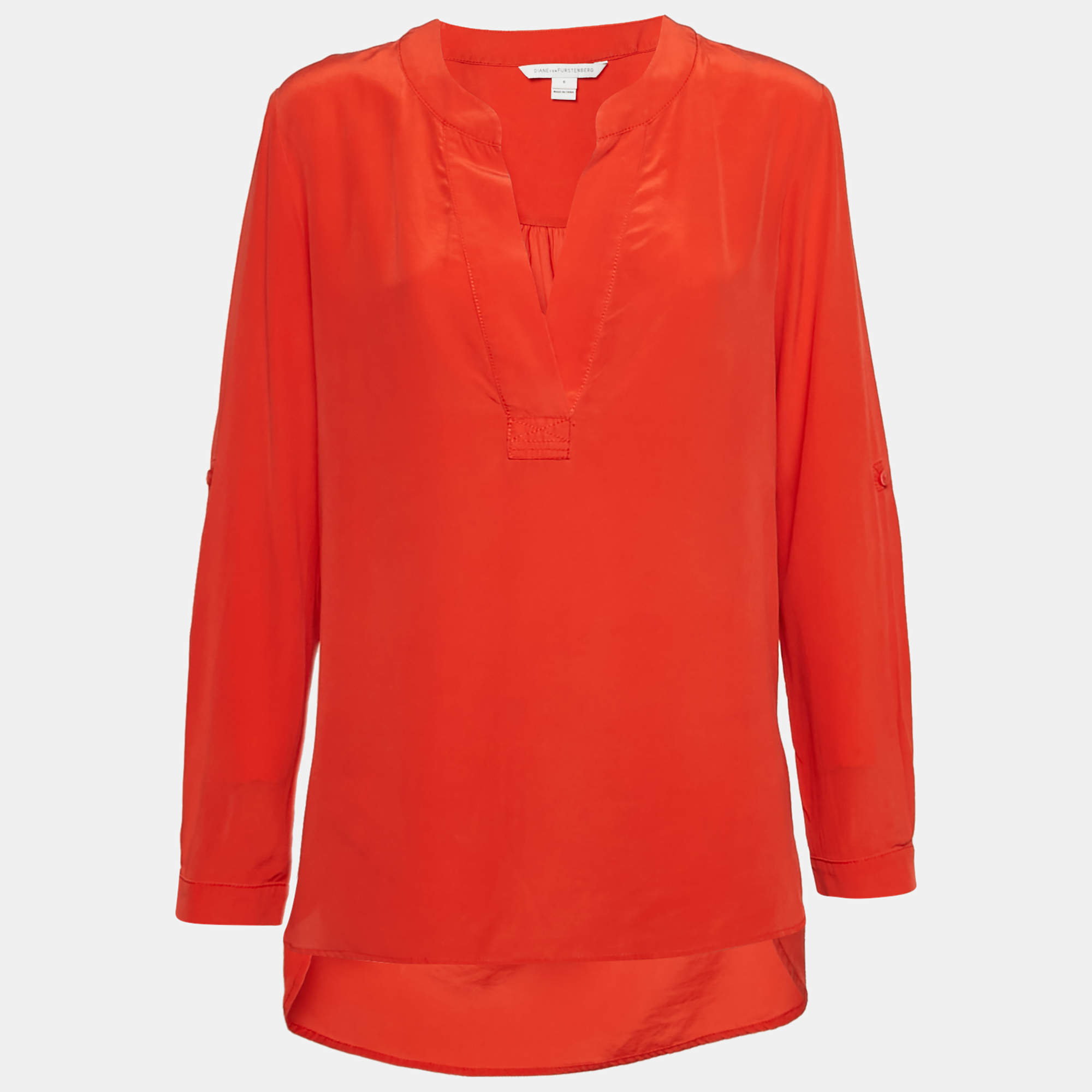 Pre Owned Diane Von Furstenberg Red Silk Half Placket Blouse M