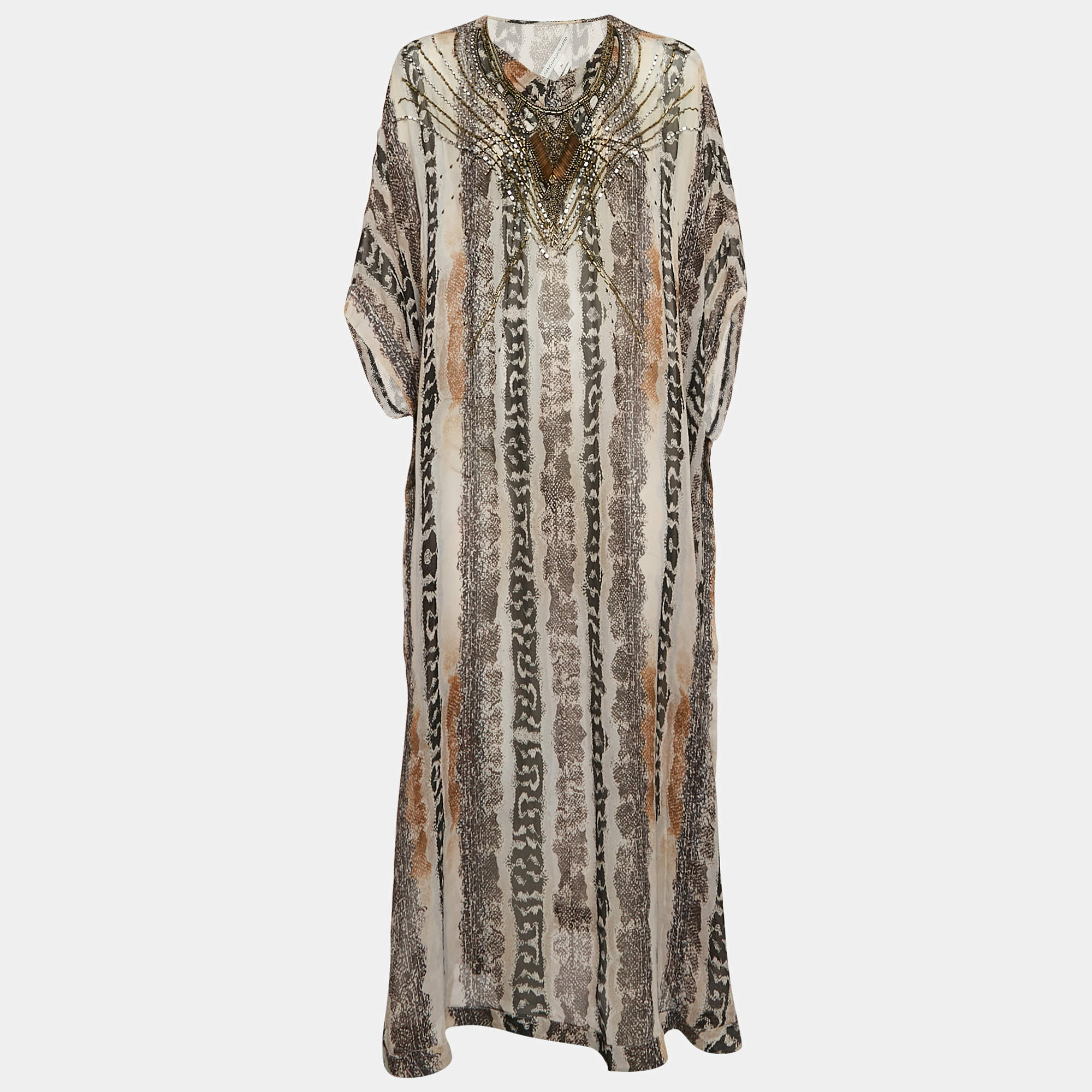 Diane von Furstenberg Grey Printed Silk Clare Beaded Sheer Maxi Kaftan L