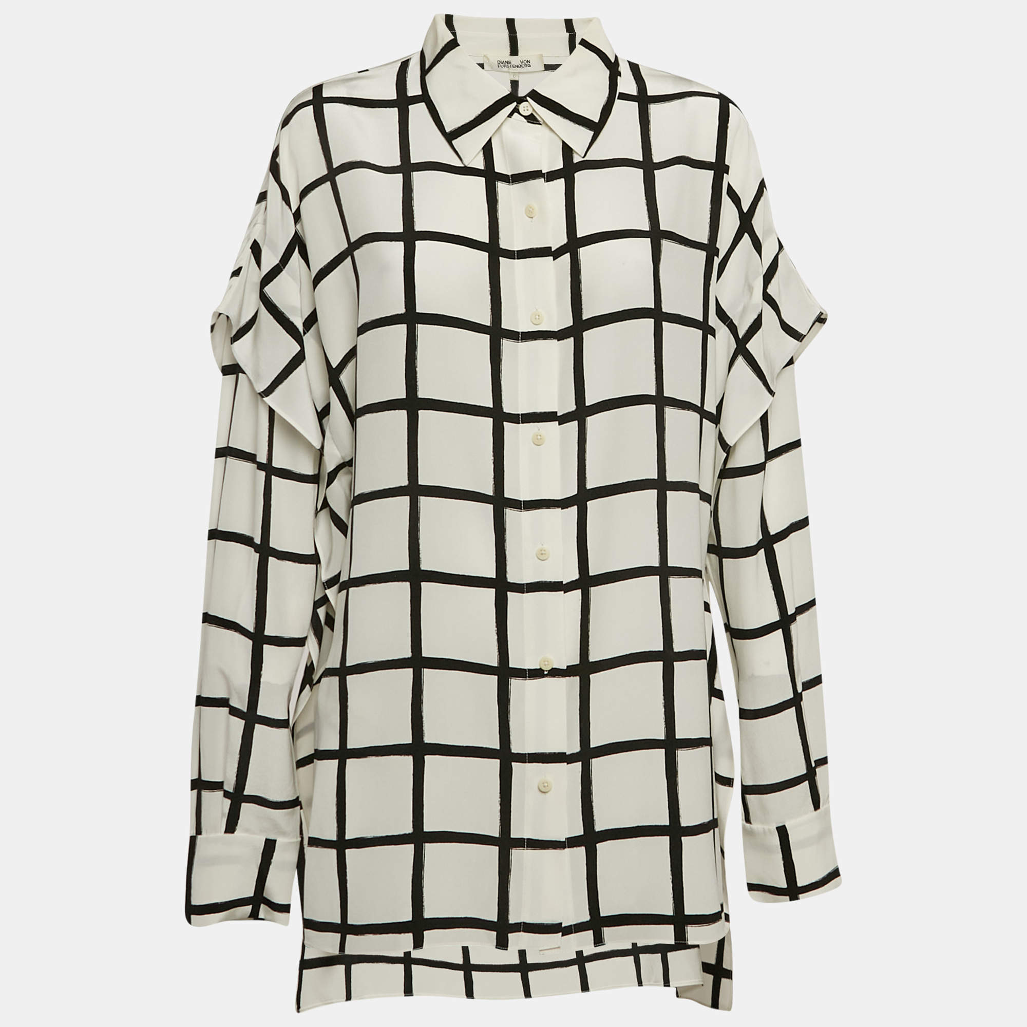 Pre Owned Diane Von Furstenberg White Checks Silk Ruffled Shirt L