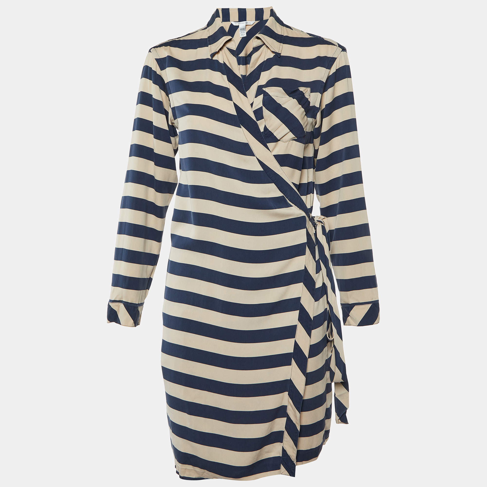 Pre Owned Diane Von Furstenberg Navy Blue Striped Stretch Silk Wrap Dress M