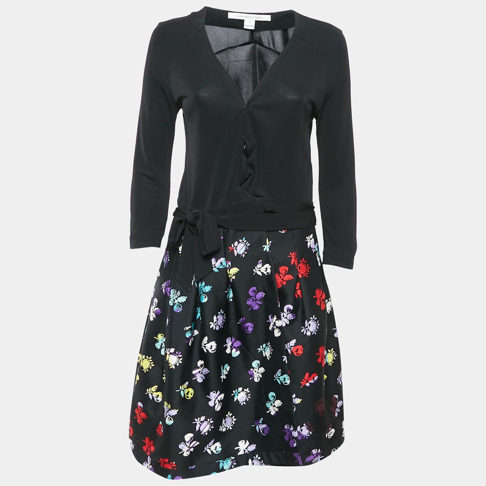 Pre Owned Diane Von Furstenberg Black Floral Print Wool Blend and Jersey Jewel Wrap Dress M