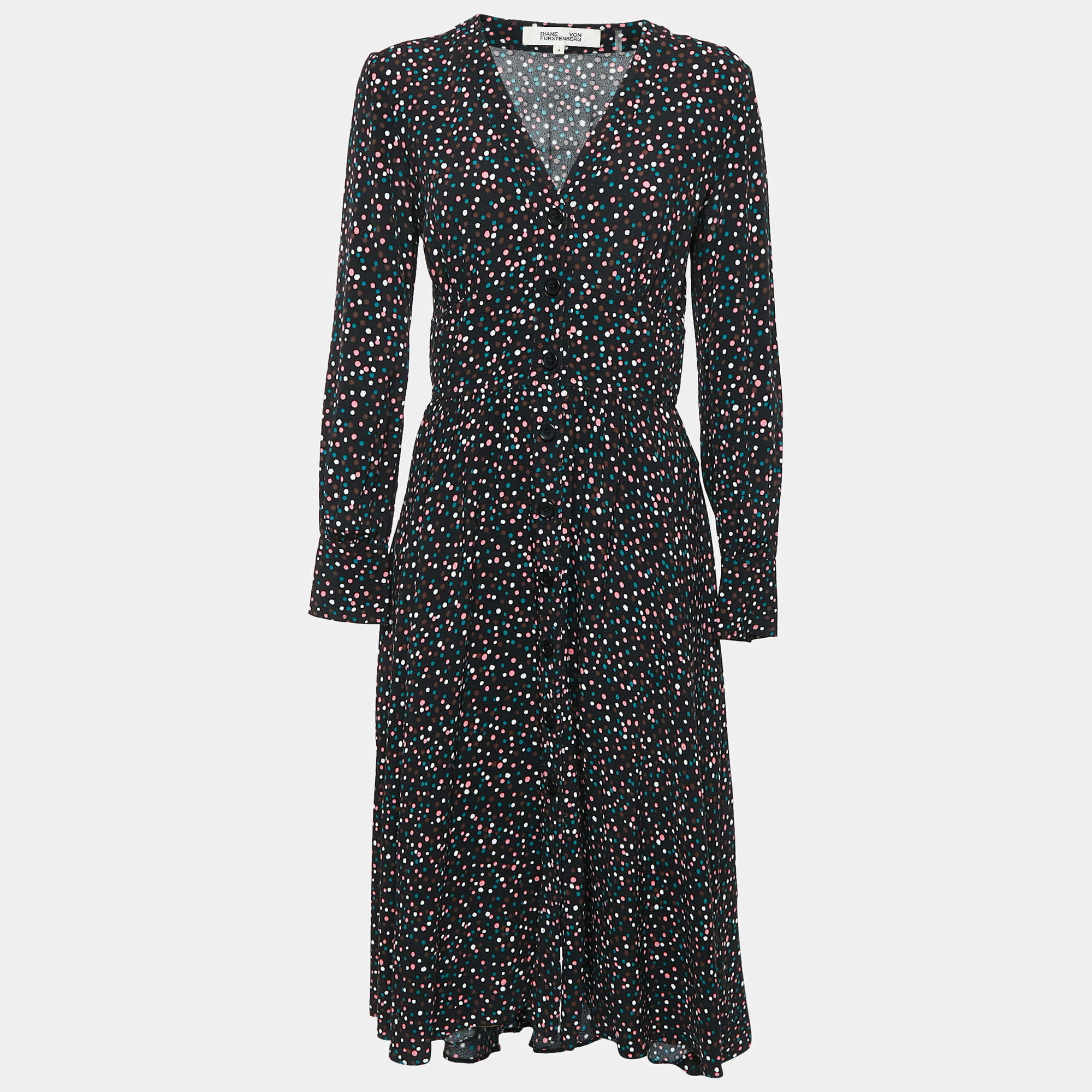 Diane Von Furstenberg Black Dot Print Crepe Button Front Midi Dress S