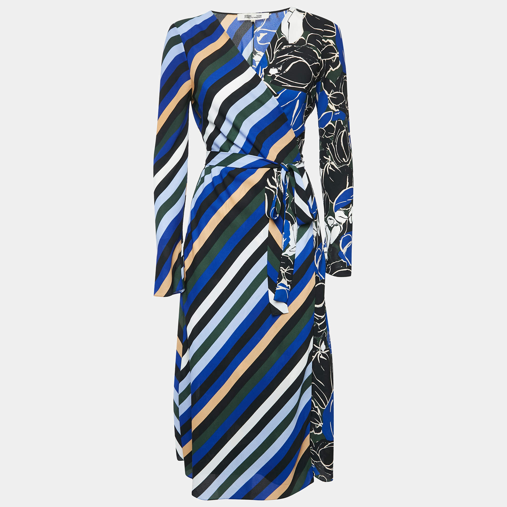Pre Owned Diane Von Furstenberg Blue/Multicolor Printed Crepe Wrap Dress S