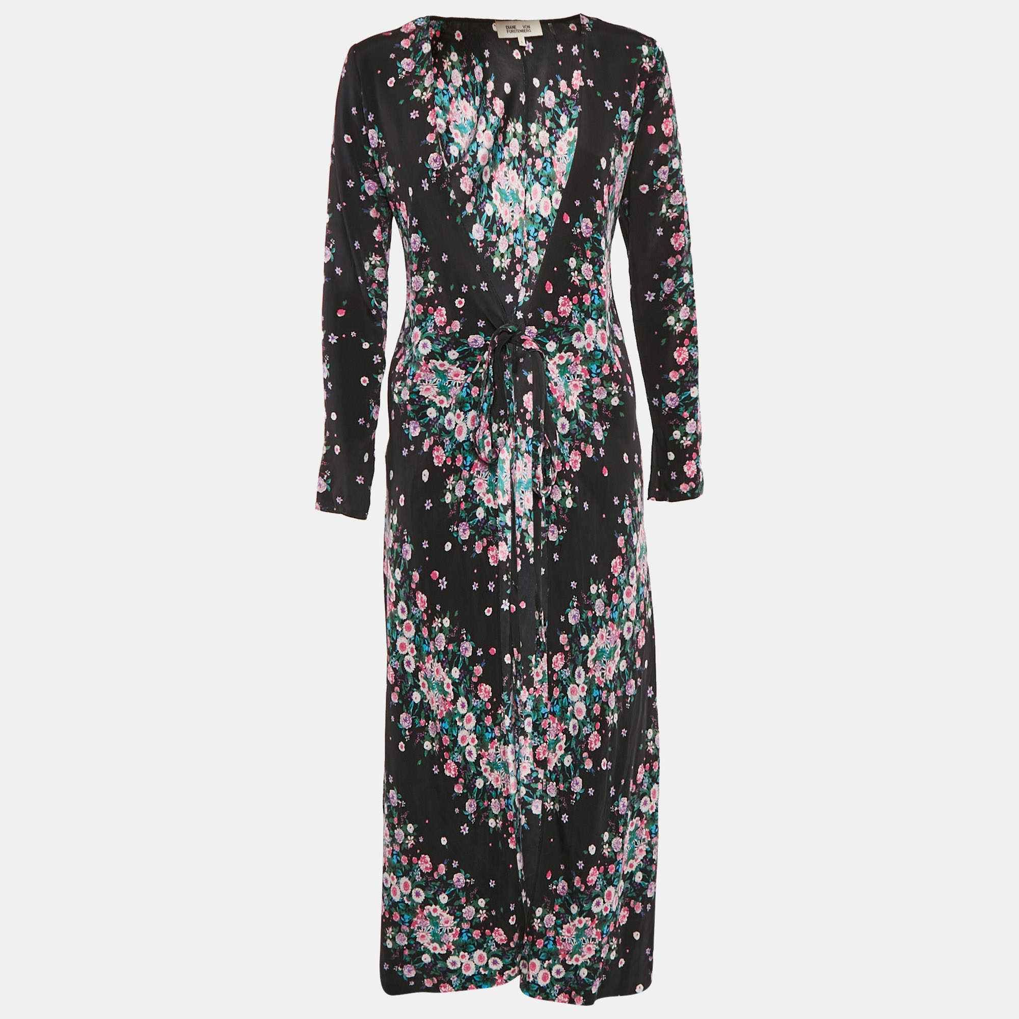 Pre Owned Diane Von Furstenberg Black Floral Crepe Maxi Wrap Dress S