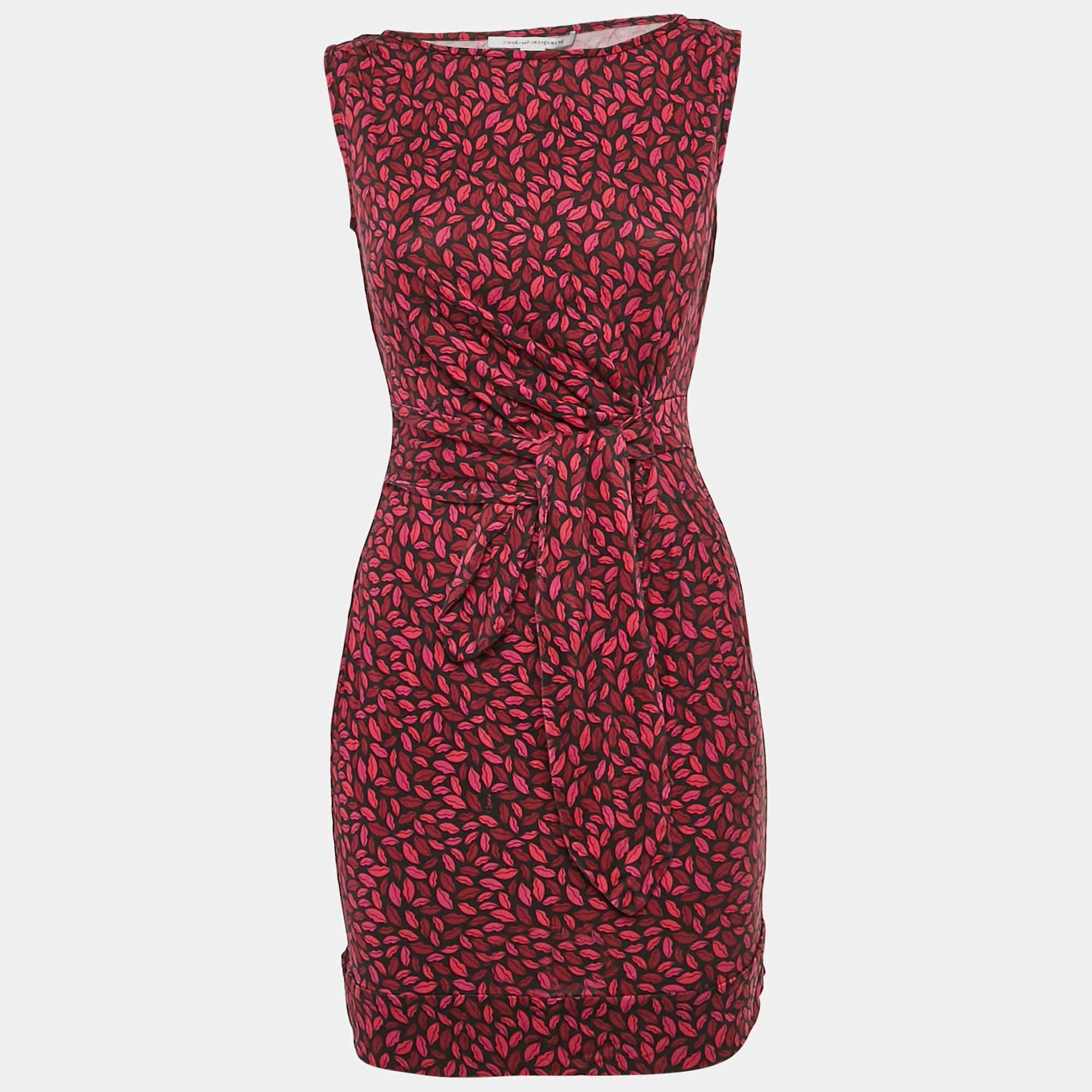 Diane Von Furstenberg Pink Lip Print Silk Jersey Tie-Up Waist Detail Mini Dress M