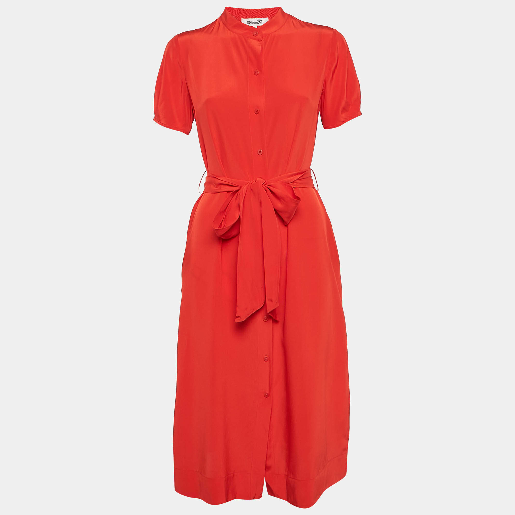 Pre Owned Diane Von Furstenberg Orange Silk Button Front Dress XS