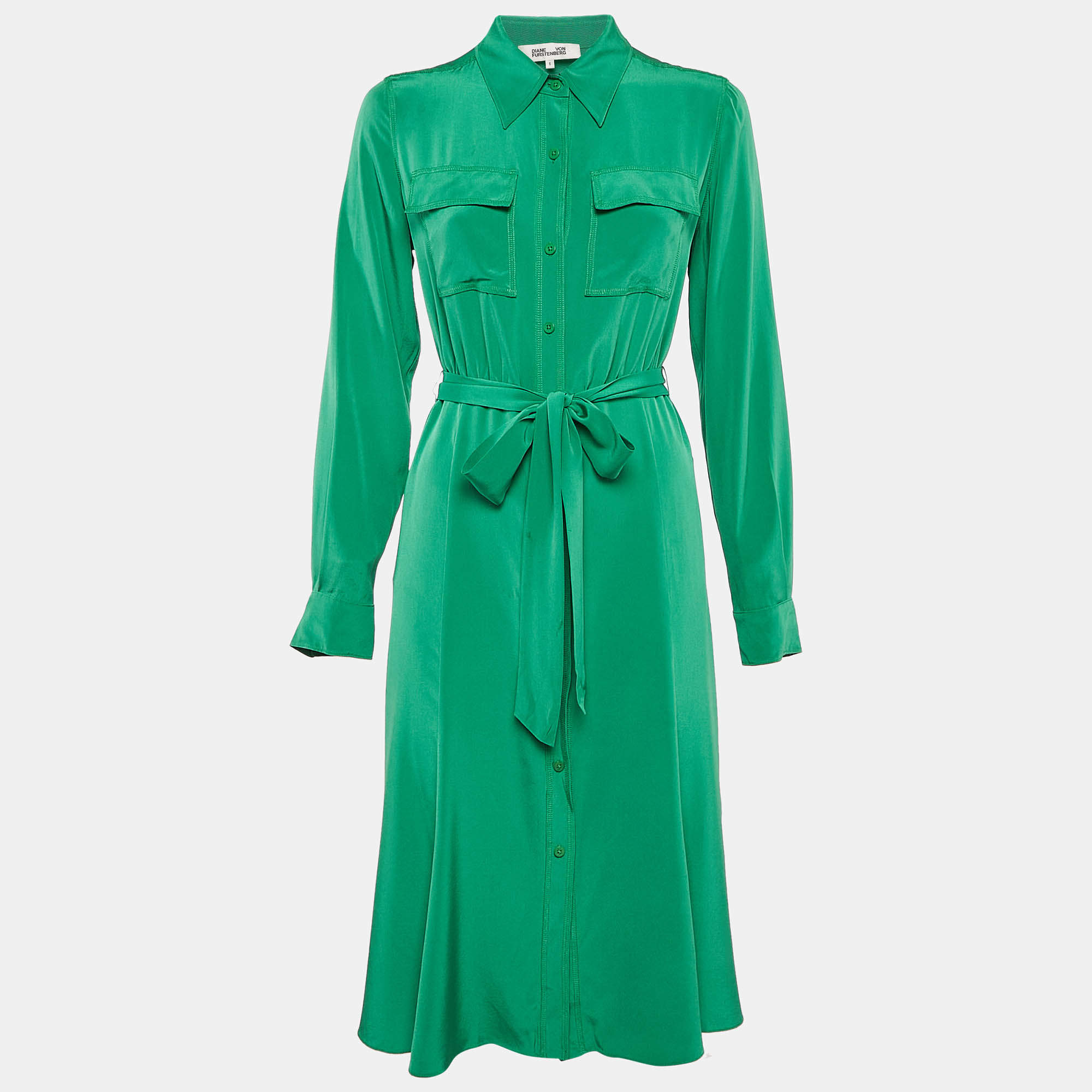 Pre Owned Diane Von Furstenberg Green Silk Button Front Belted Midi Dress S