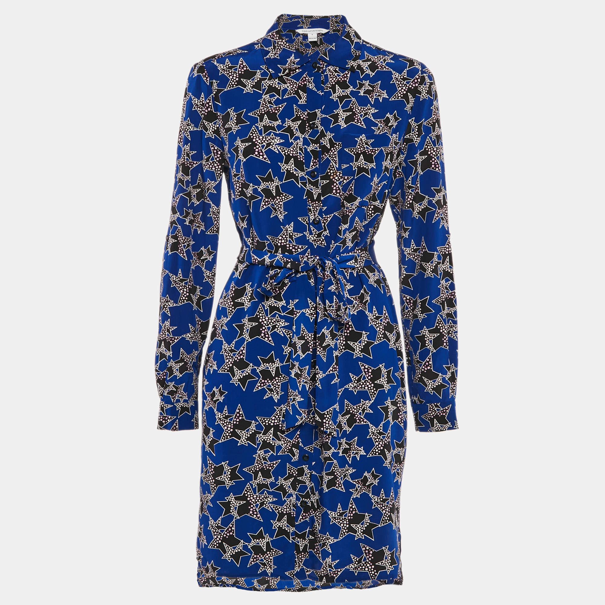 Pre Owned Diane Von Furstenberg Blue Stars Print Silk Prita Dress M