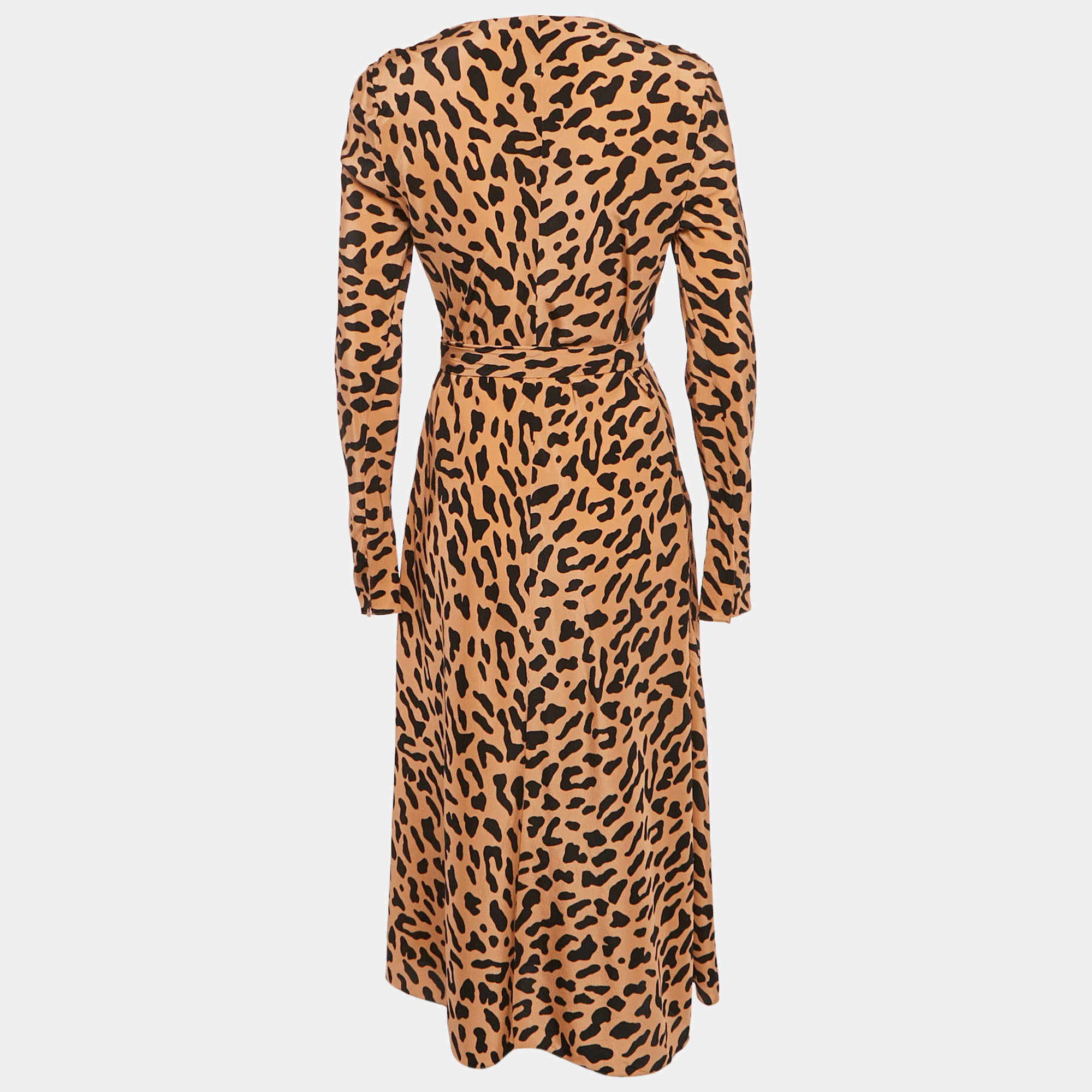 Pre Owned Diane Von Furstenberg Peach Leopard Print Silk Midi Wrap Dress M