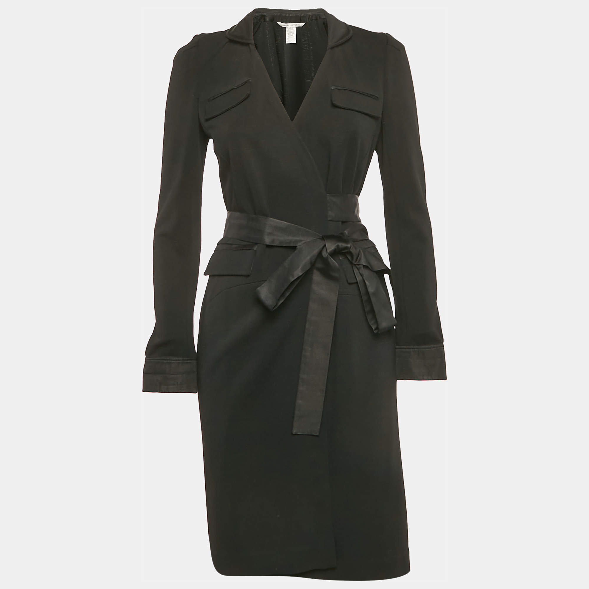 Pre Owned Diane Von Furstenberg Black Wool Mandilynn Wrap Dress S