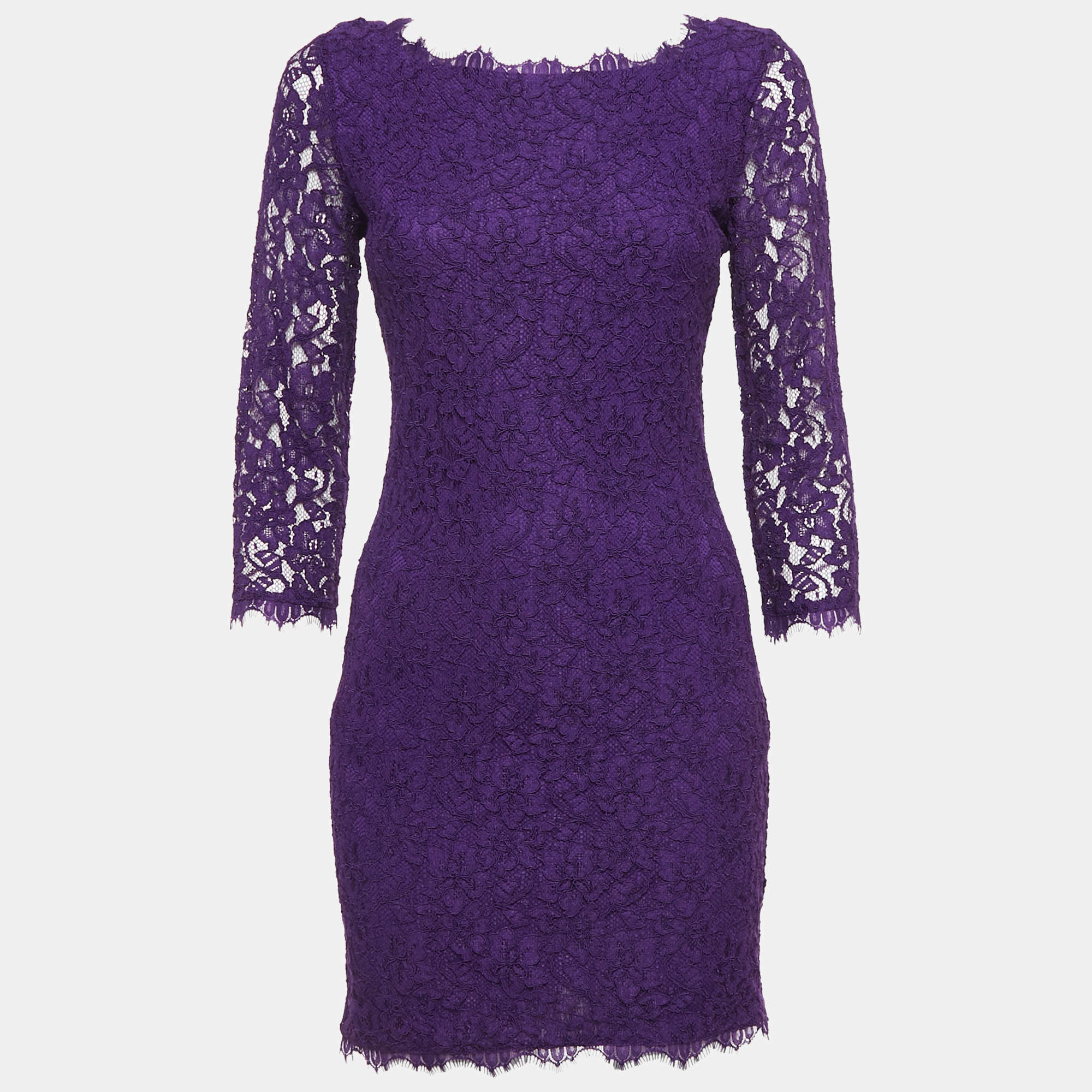Pre Owned Diane Von Furstenberg Purple Lace Mini Zarita Dress M