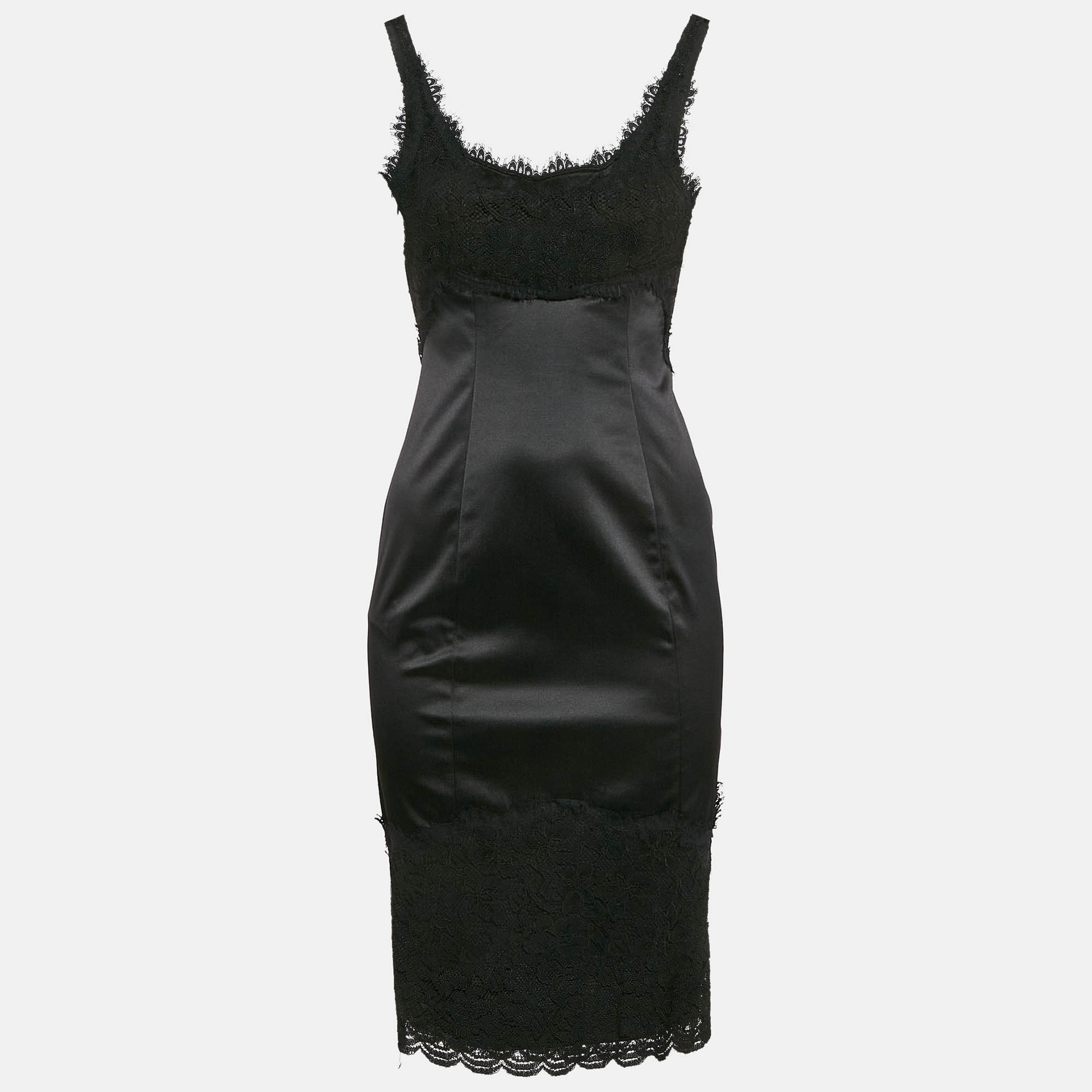 Pre Owned Diane Von Furstenberg Black Satin Lace Trimmed Olivette Mini Dress XS