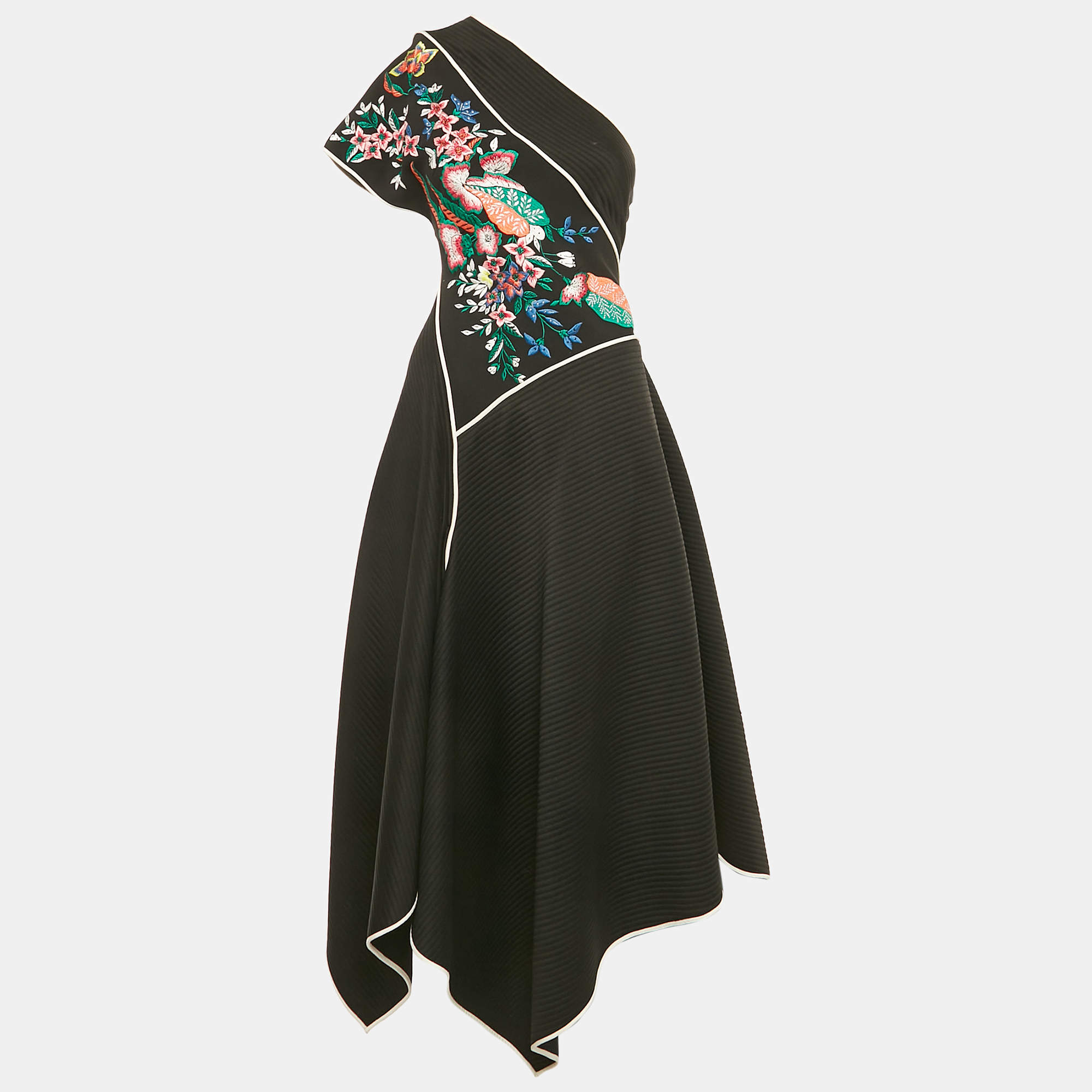 Diane Von Furstenberg Black Floral Embroidery Crepe and Jersey Asymmetric Midi Dress XS