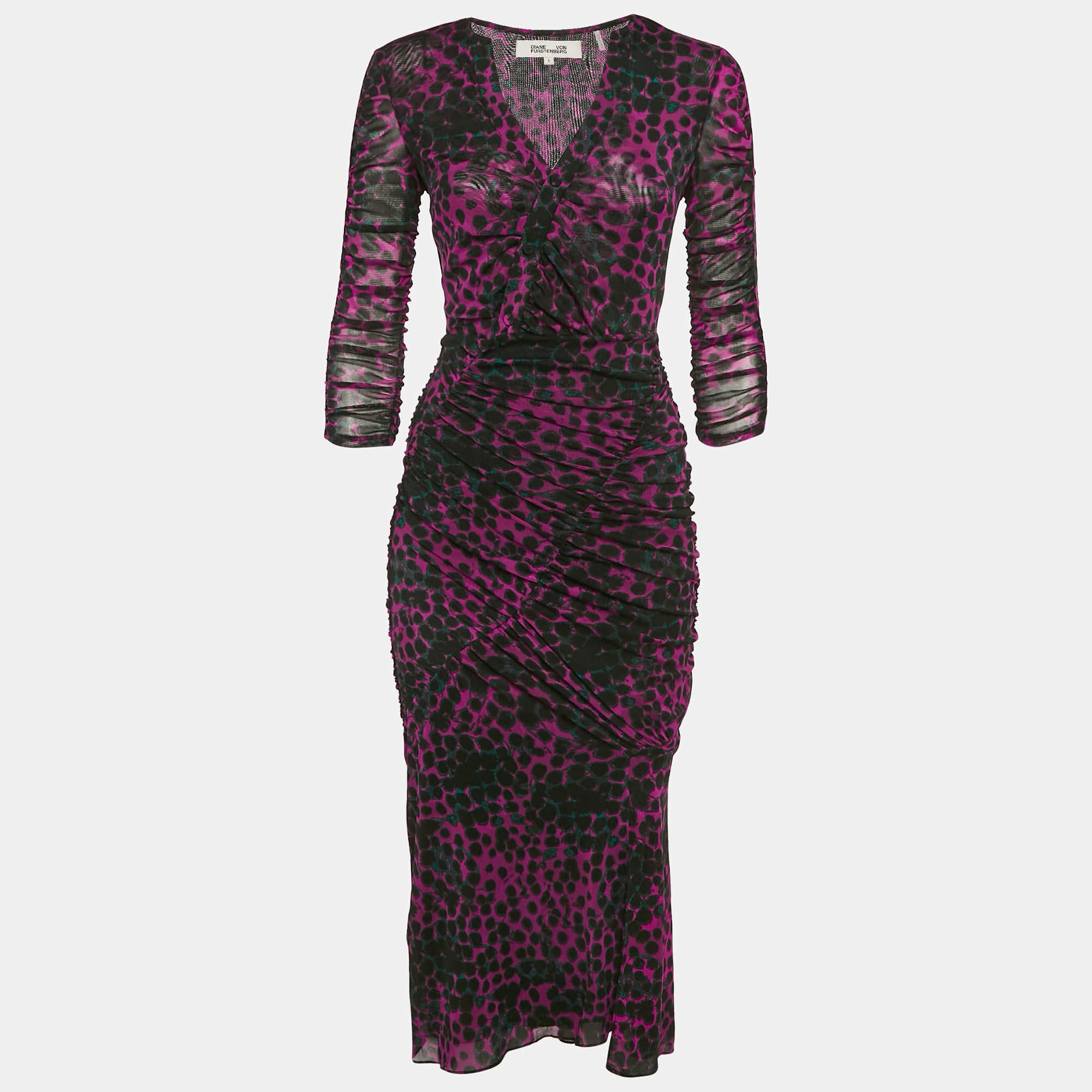 Diane Von Furstenberg Pink/Black Printed Stretch Mesh Ruche Detail Midi Dress S