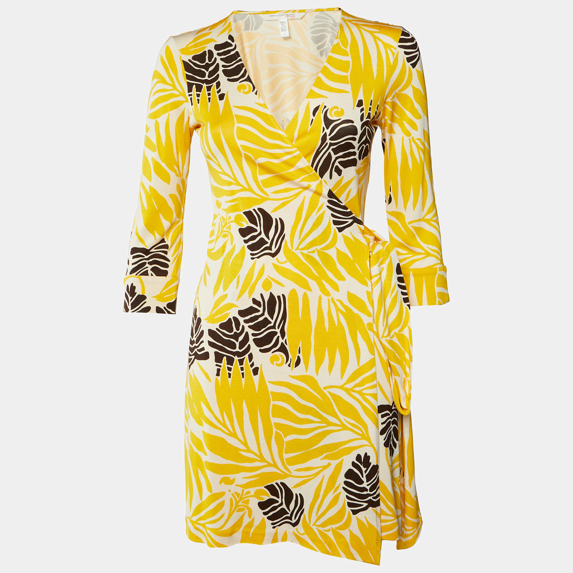 Pre Owned Diane von Furstenberg Vintage Yellow Printed Silk Julian Mini Wrap Dress M