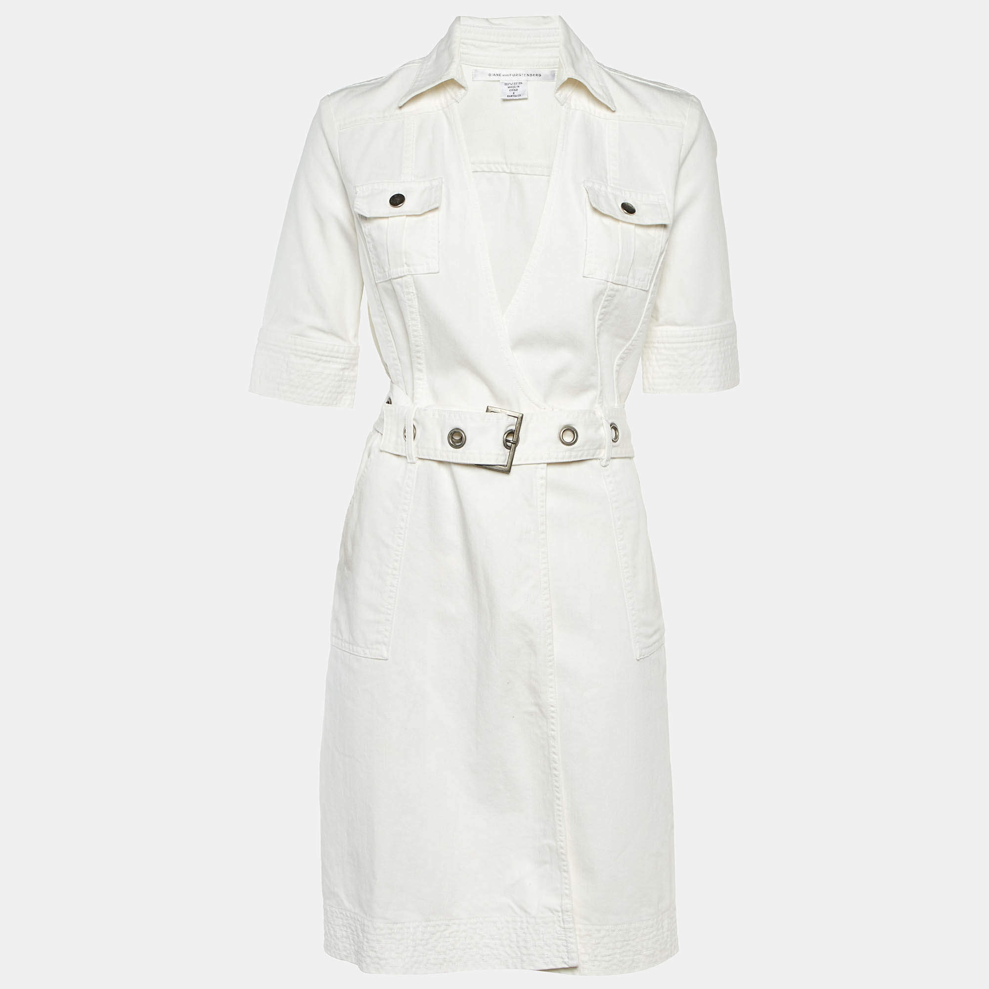Pre Owned Diane Von Furstenberg White Denim Mead Wrap Dress M
