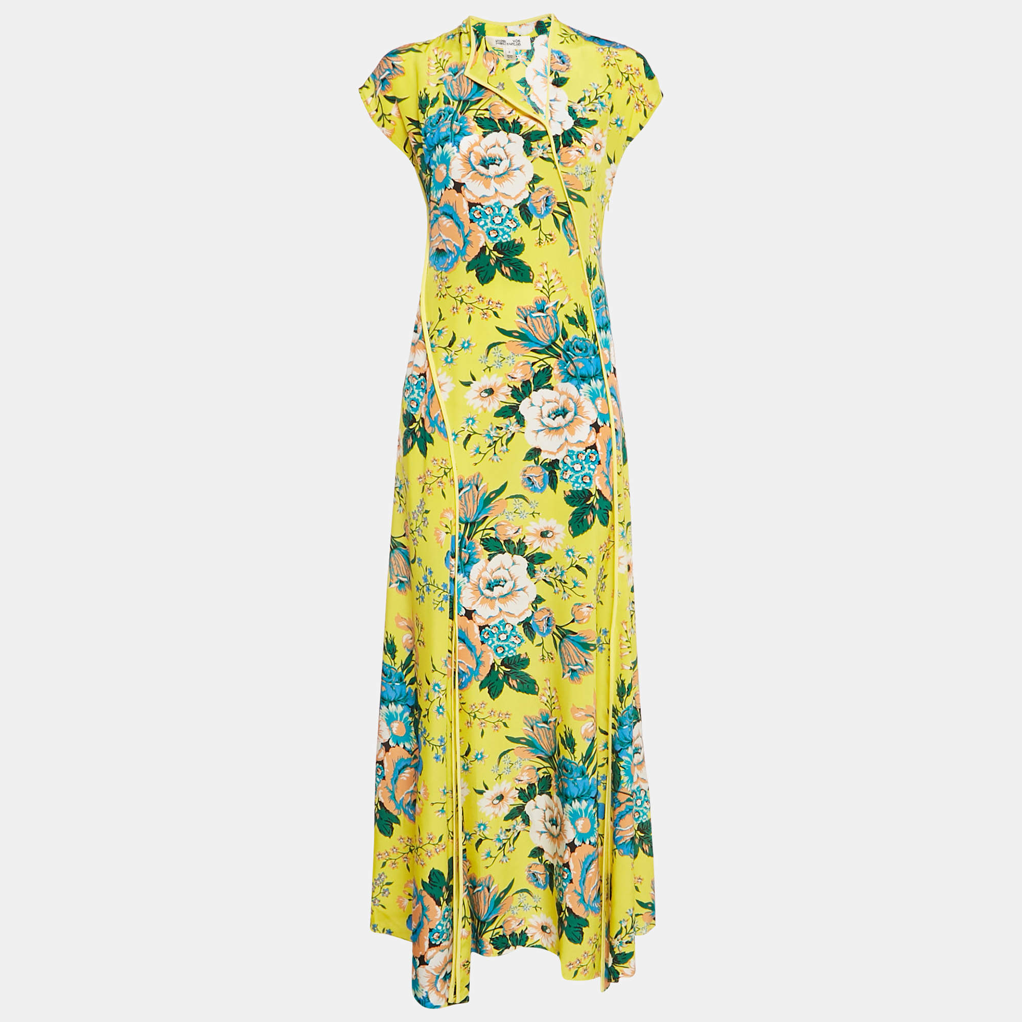 Pre Owned Diane Von Furstenberg Yellow Floral Print Silk Maxi Dress S
