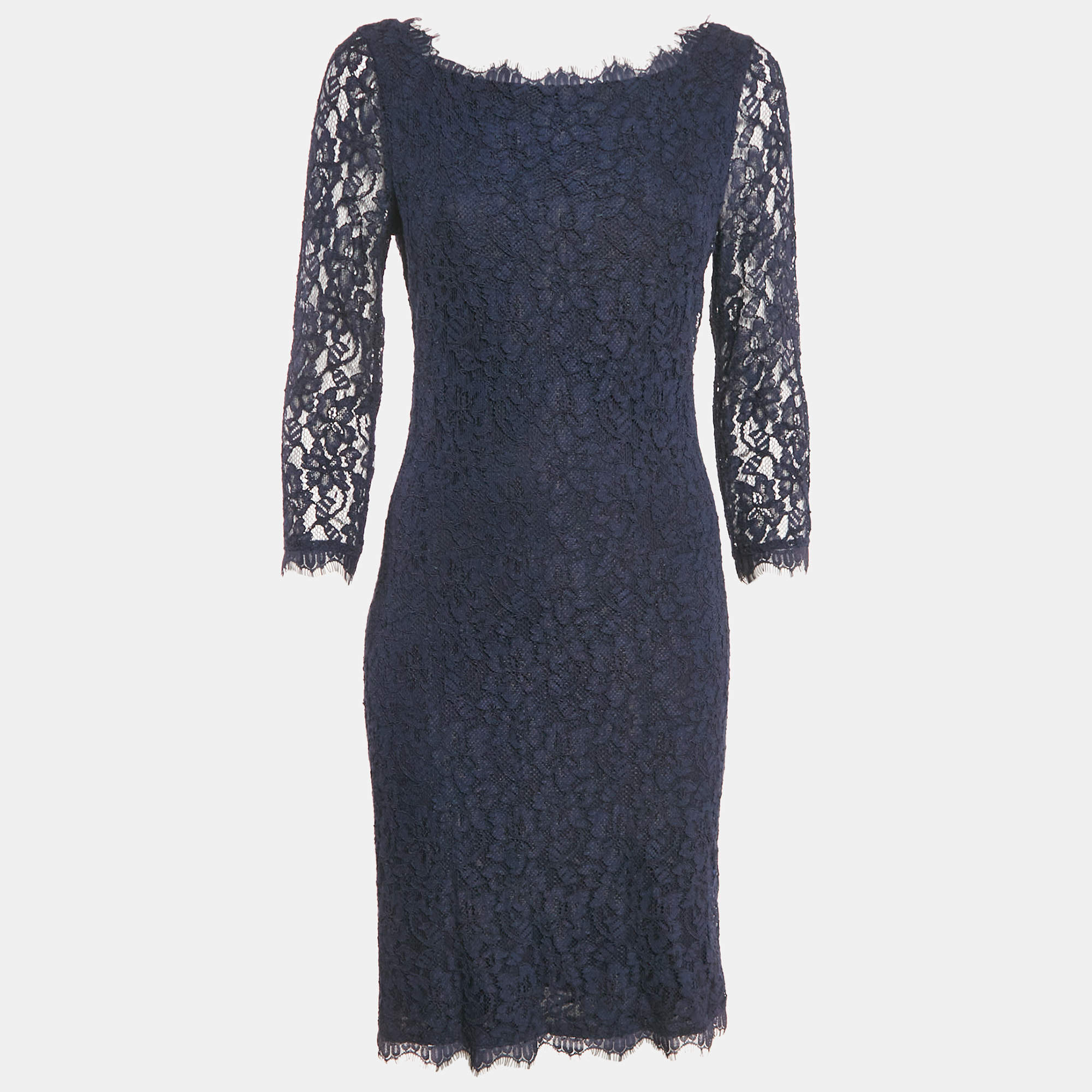 Pre Owned Diane Von Furstenberg Navy Blue Lace Short Zarita Dress M