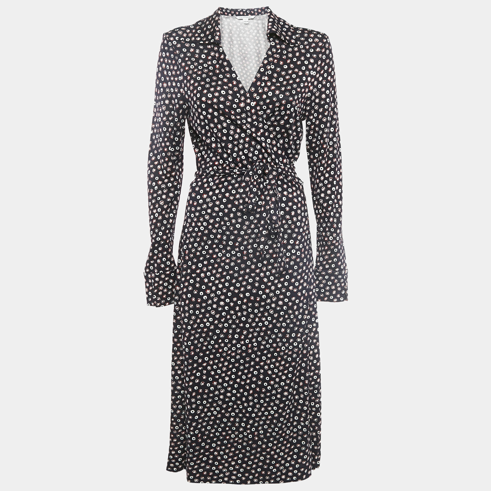 Pre Owned Diane Von Furstenberg Navy Blue Dot Print Silk Knit Wrap Dress XL