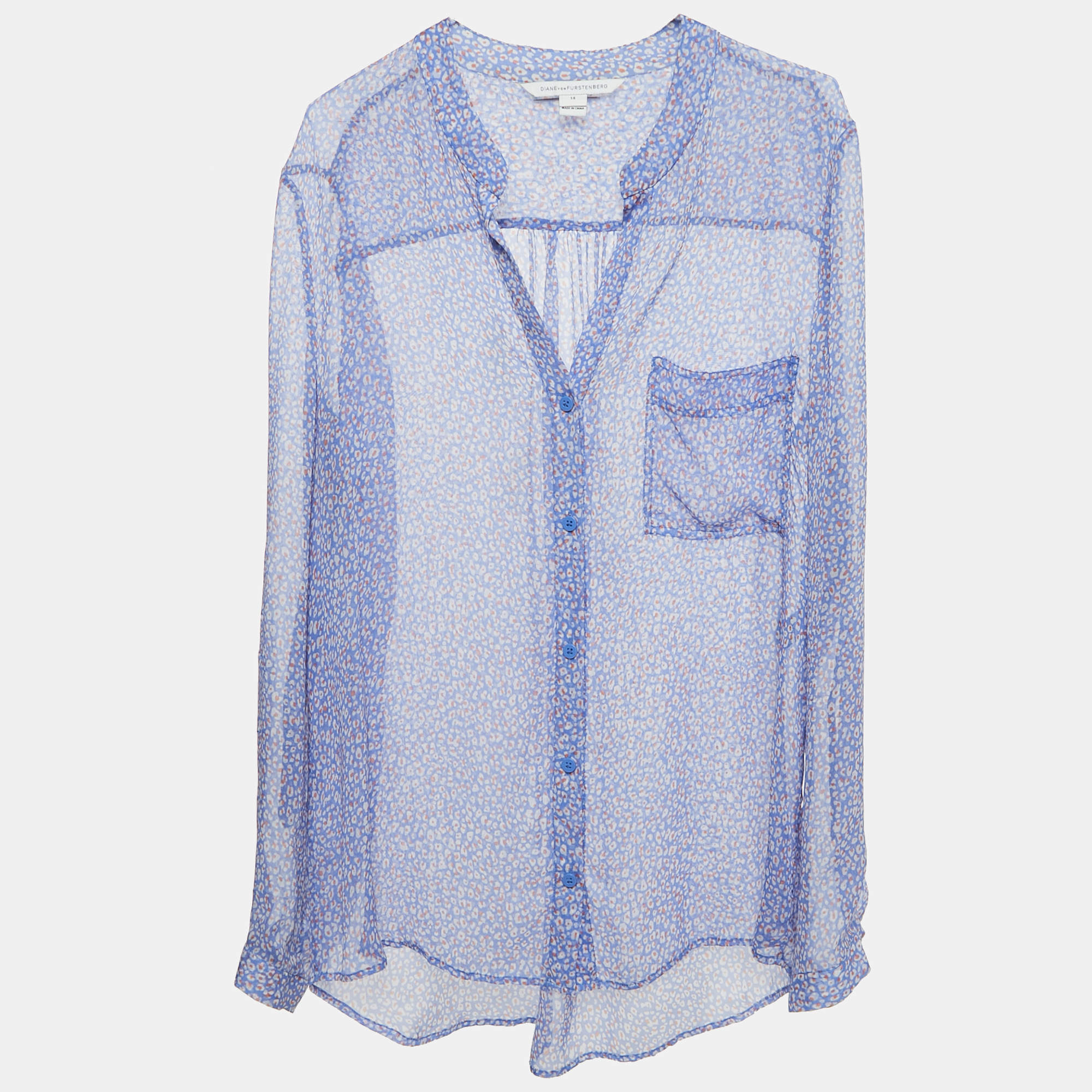 Pre Owned Diane Von Furstenberg Blue Printed Sheer Silk Button Front Gilmore Blouse XL