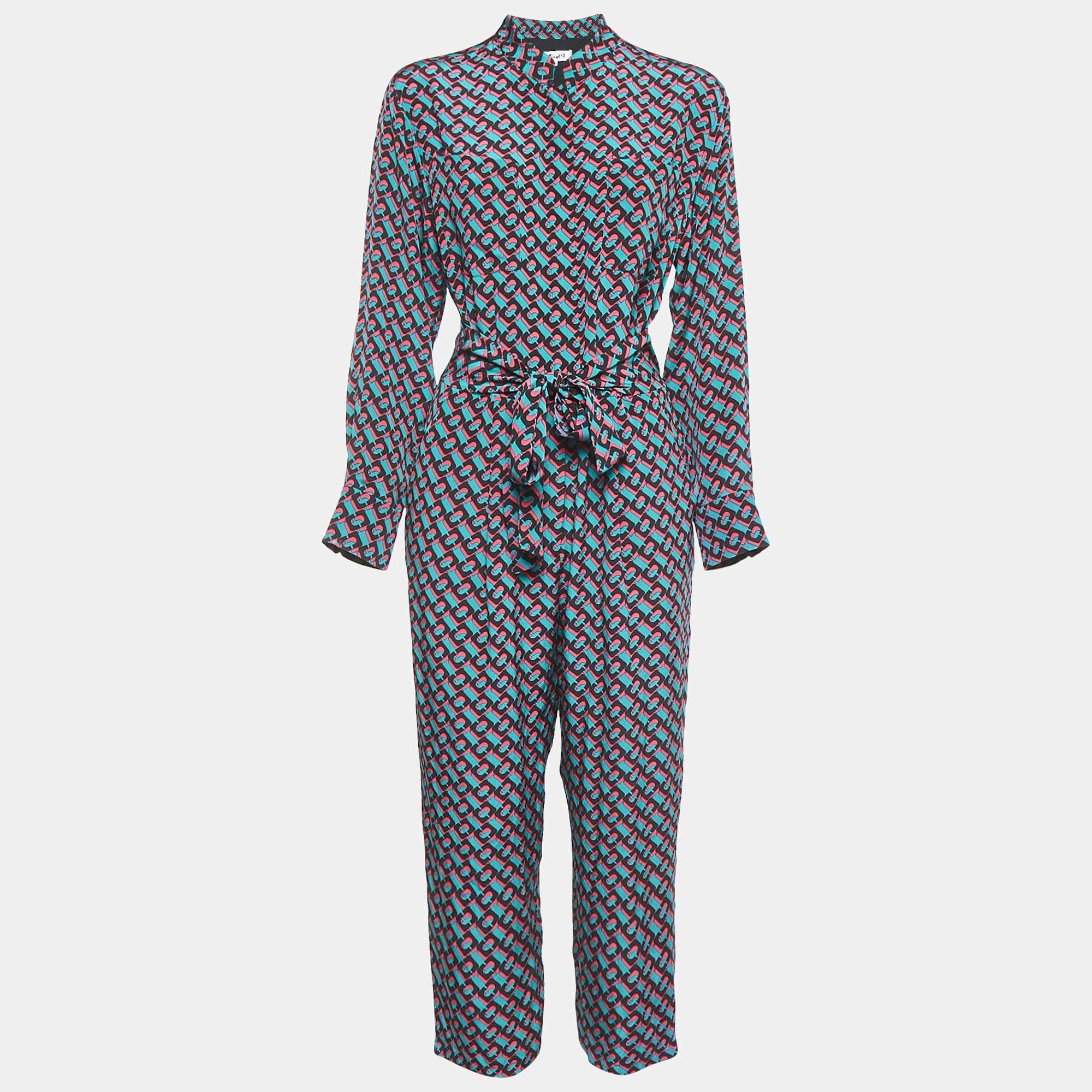 Pre Owned Diane Von Furstenberg Pink/Blue Printed Silk Jumpsuit M