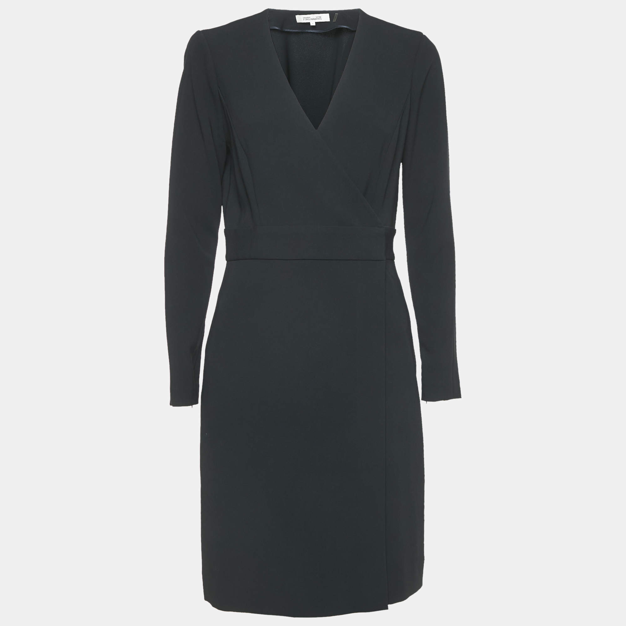 Pre Owned Diane Von Furstenberg Black Crepe Long Sleeve Wrap Dress M
