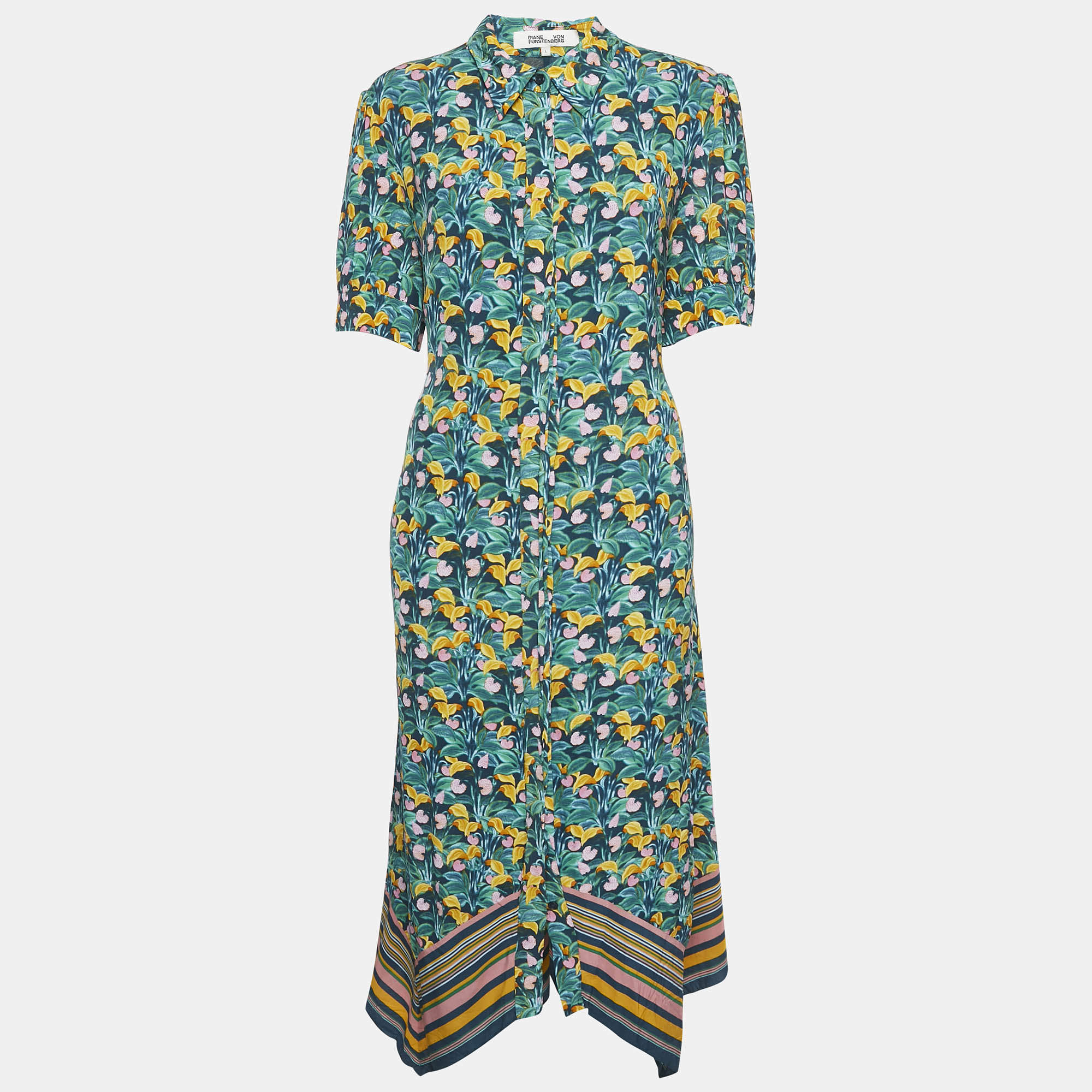 Pre Owned Diane Von Furstenberg Multicolor Satin Printed Button Front Midi Dress L