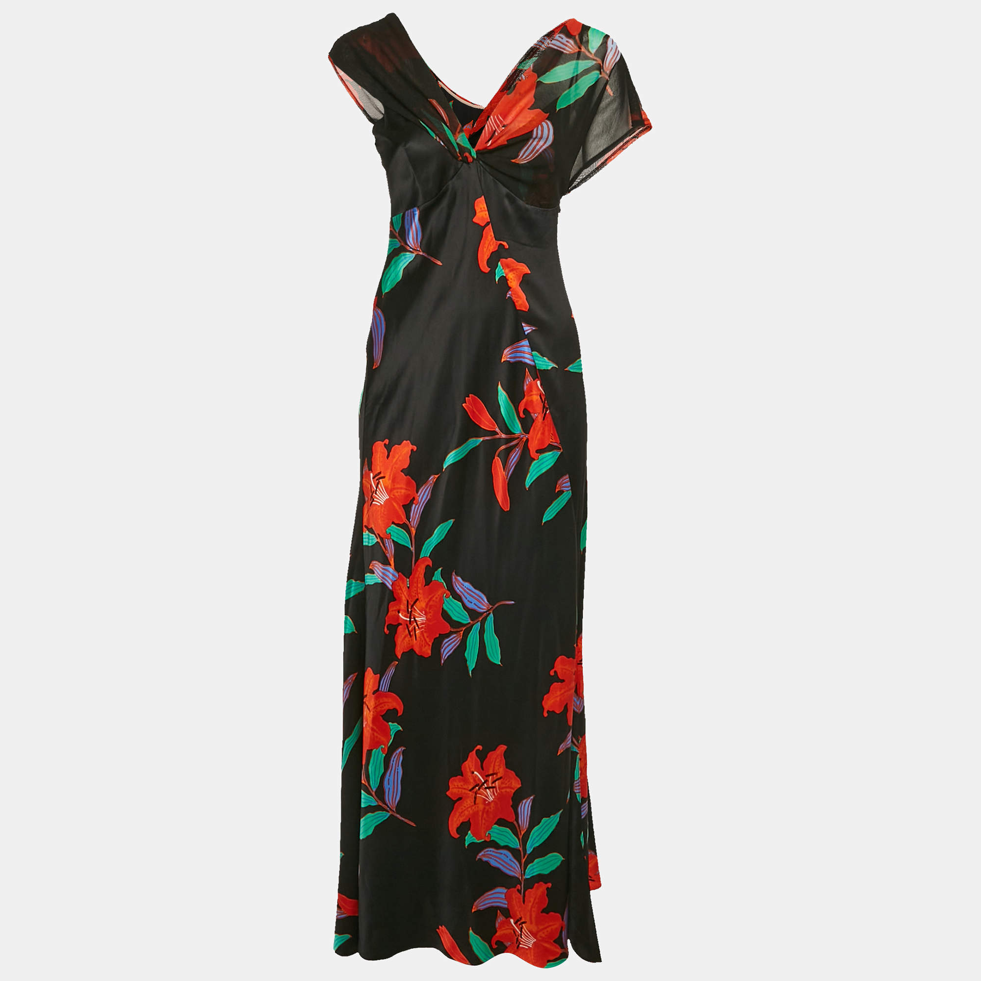 Pre Owned Diane Von Furstenberg Black Floral Print Satin Asymmetric Sleeveless Maxi Dress M