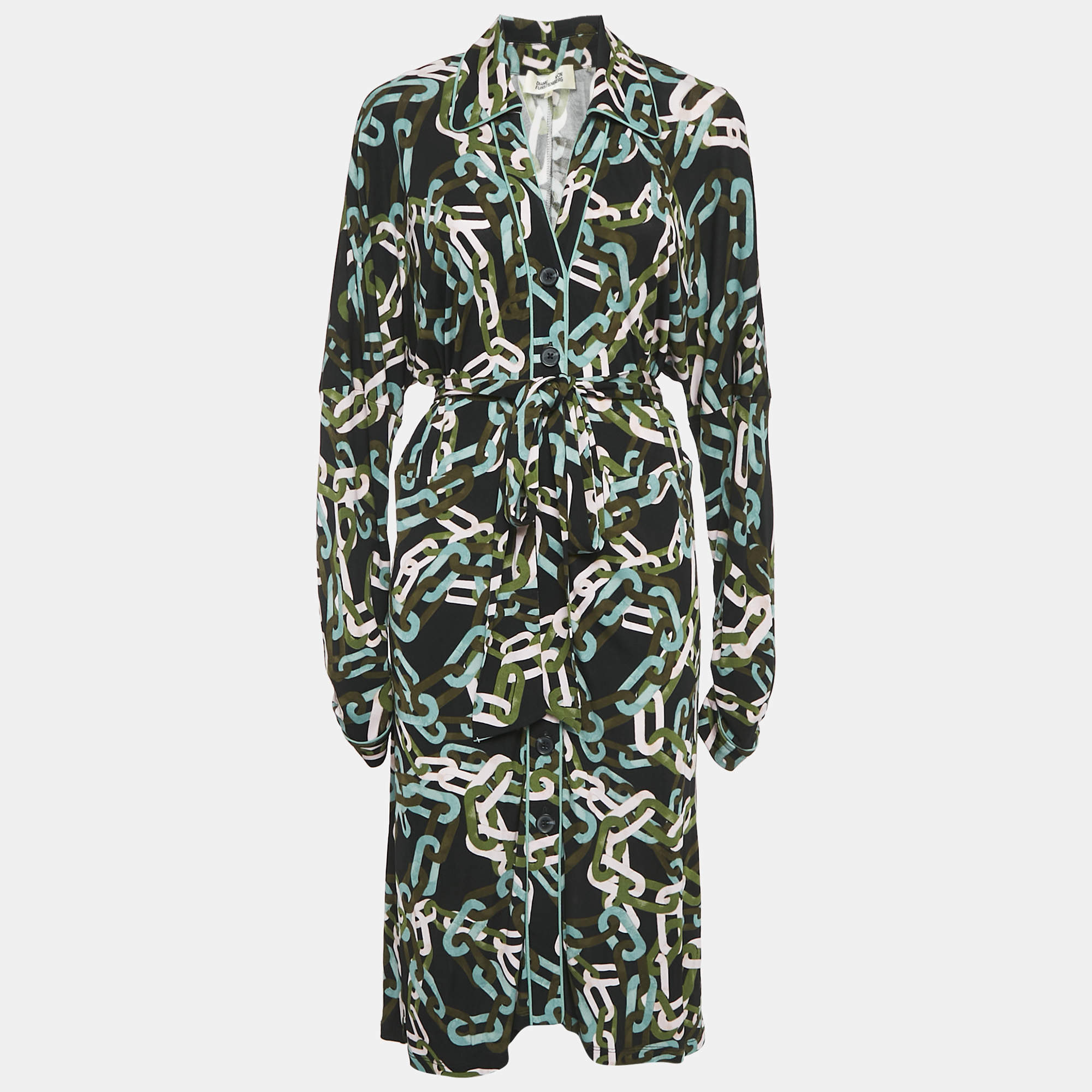 Pre Owned Diane Von Furstenberg Multicolor Chain Print Jersey Button Front Belted Dress M