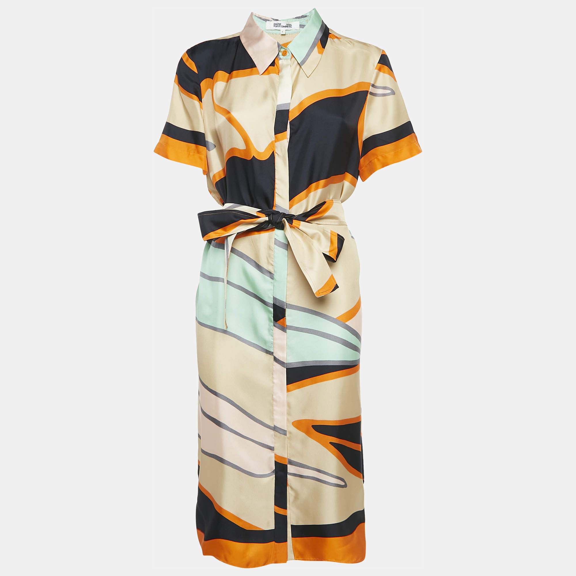 Pre Owned Diane Von Furstenberg Multicolor Printed Silk Shirt Dress L