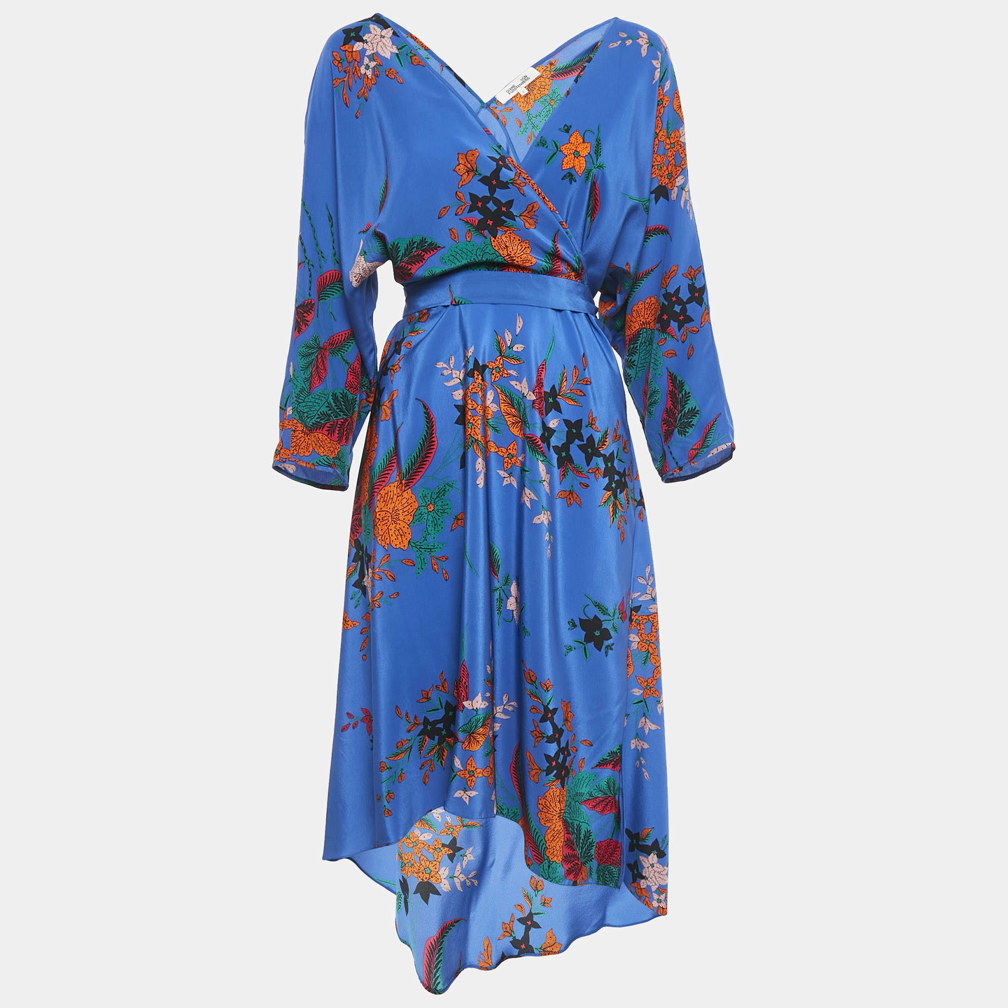 Pre Owned Diane Von Furstenberg Blue Printed Silk Wrap Detail Midi Dress S