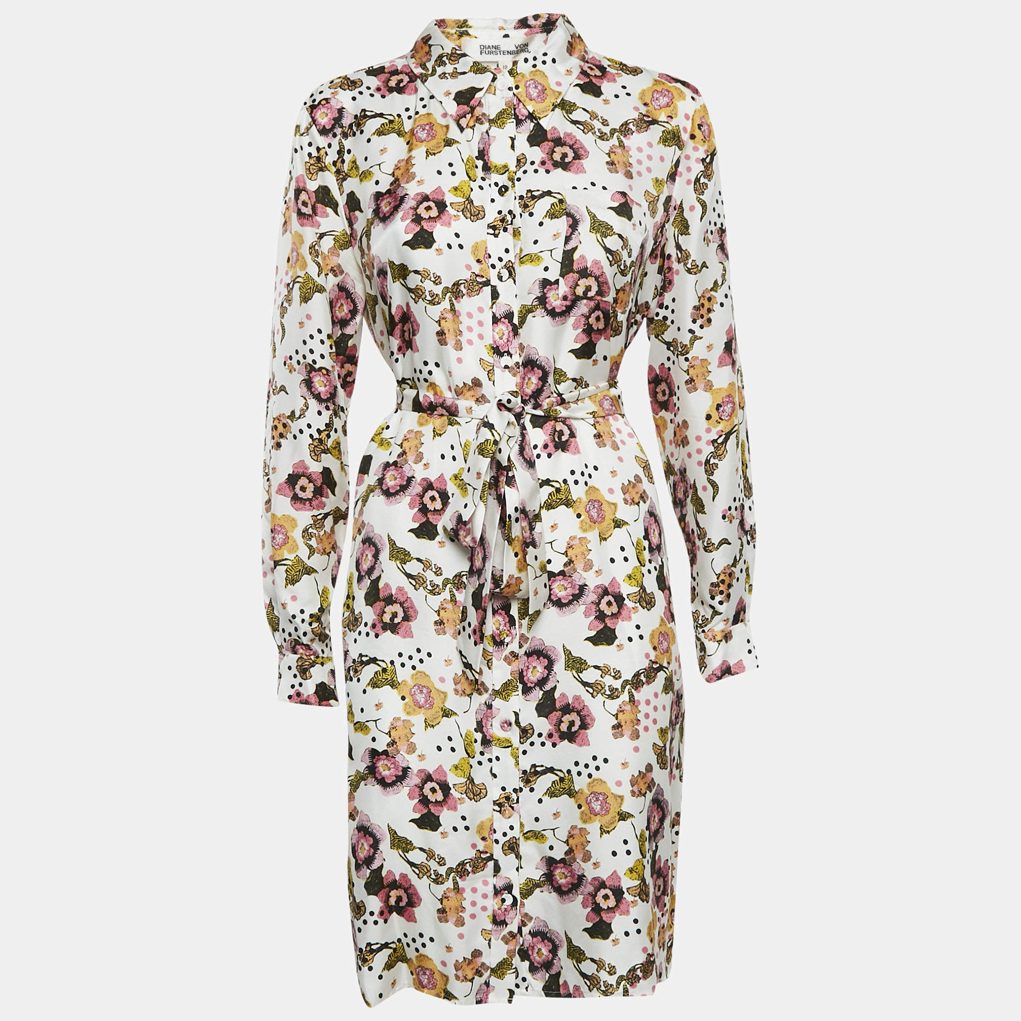 Pre Owned Diane Von Furstenberg White Printed Silk Belted Shirt Dress L