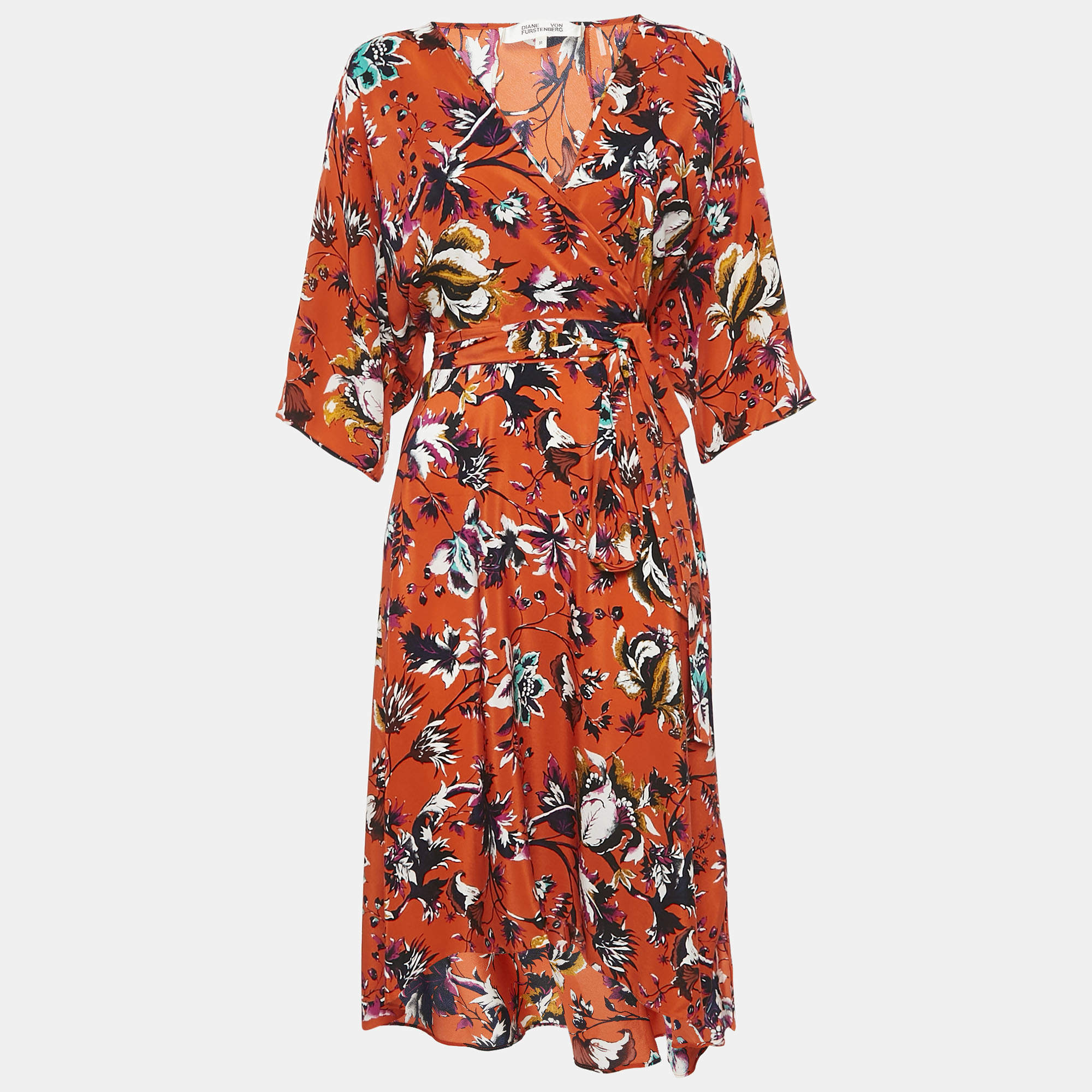 Pre Owned Diane Von Furstenberg Orange Floral Print Silk Wrap Detail Midi Dress M