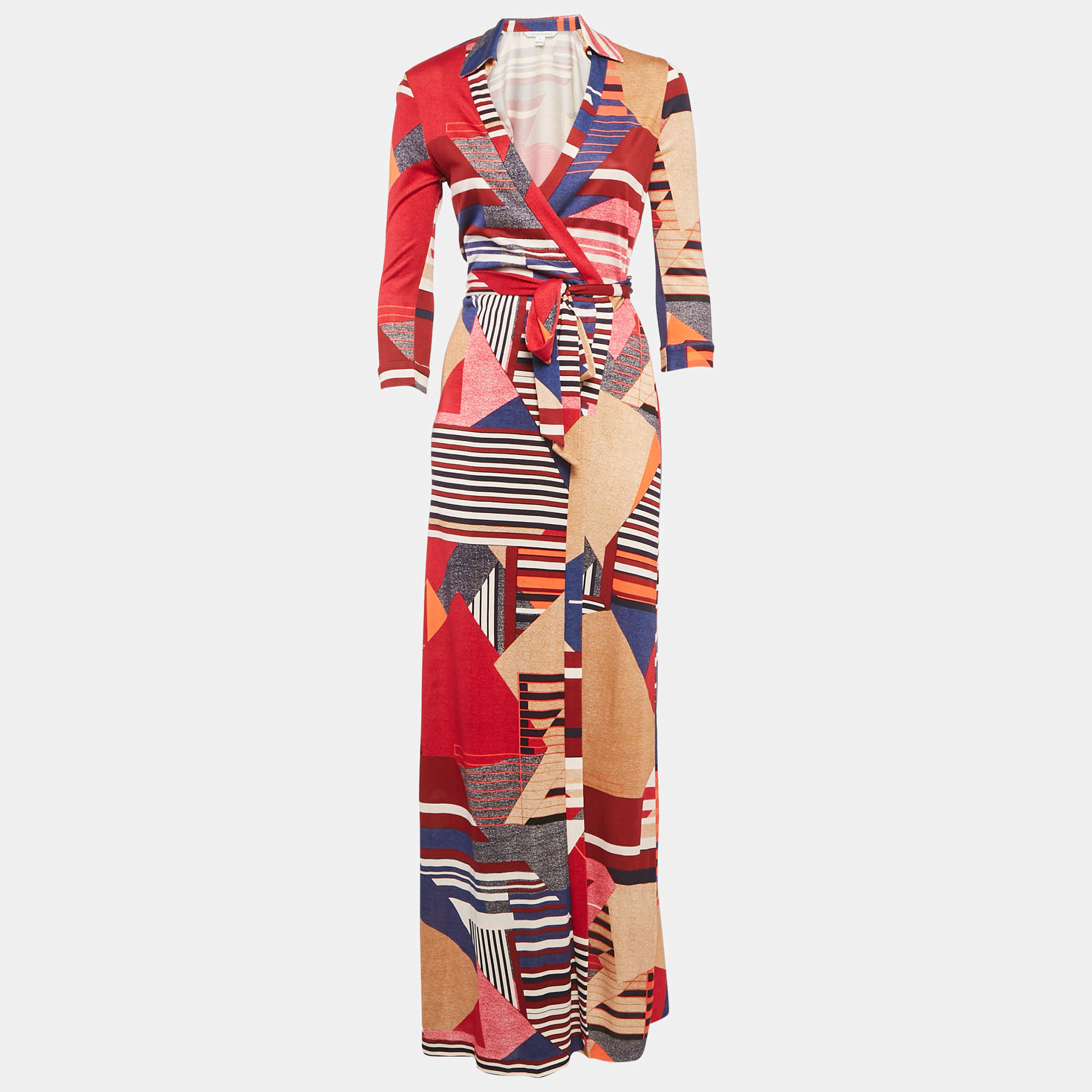 Diane Von Furstenberg Multicolor Geometric Print Silk Abigail Wrap Maxi Dress M