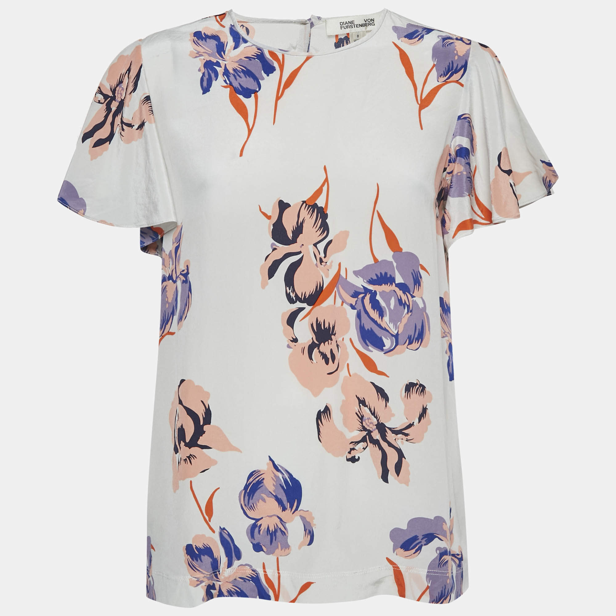 Diane Von Furstenberg White Floral Print Flutter Sleeve Top L