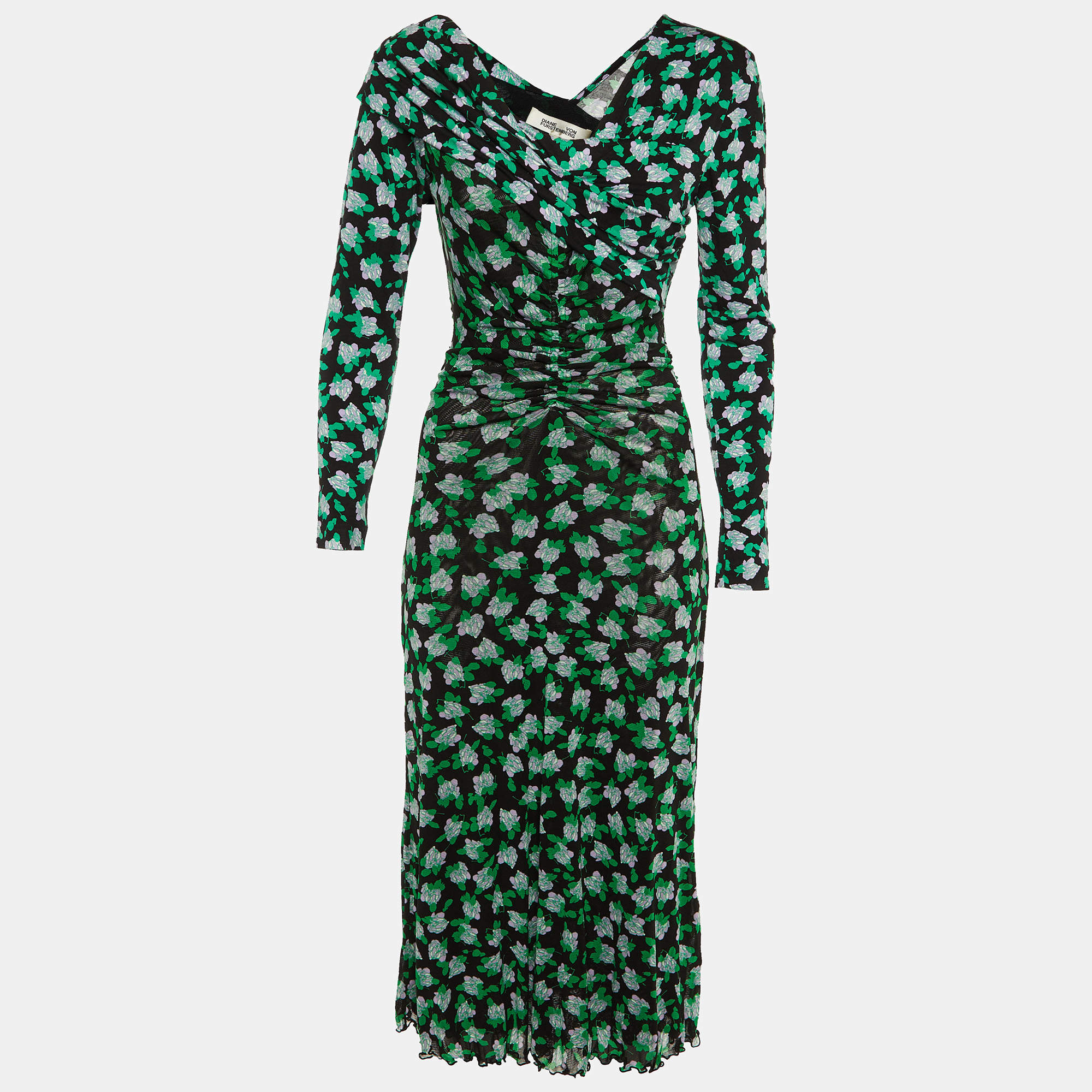 Pre Owned Diane Von Furstenberg Black Floral Print Jersey & Mesh Leia Midi Dress S