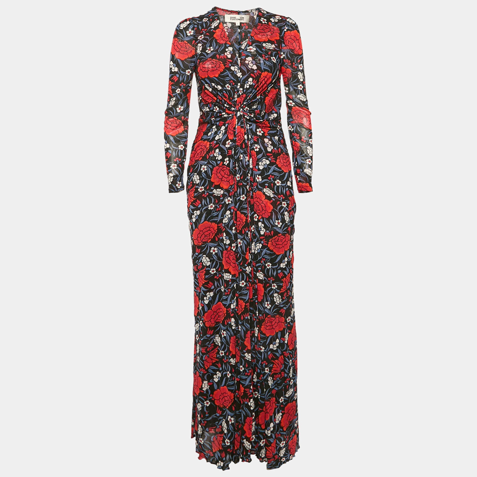 Diane Von Furstenberg Black Floral Print Jersey Long Sleeve Maxi Dress L 