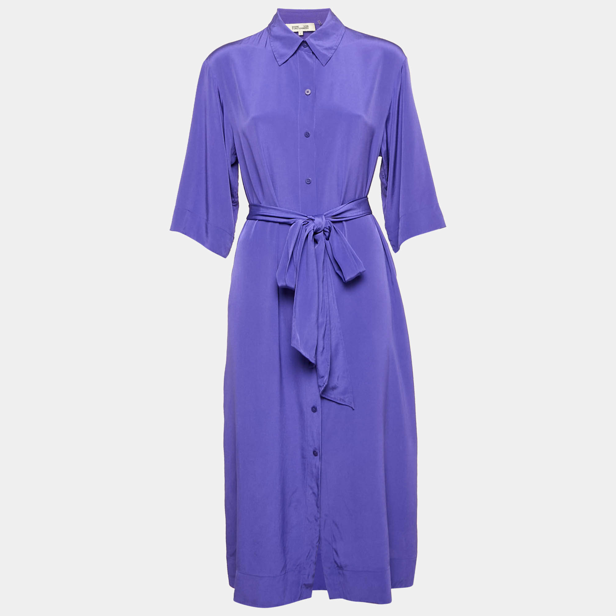 Diane Von Furstenberg Purple Button Front Belted Midi Shirt Dress S