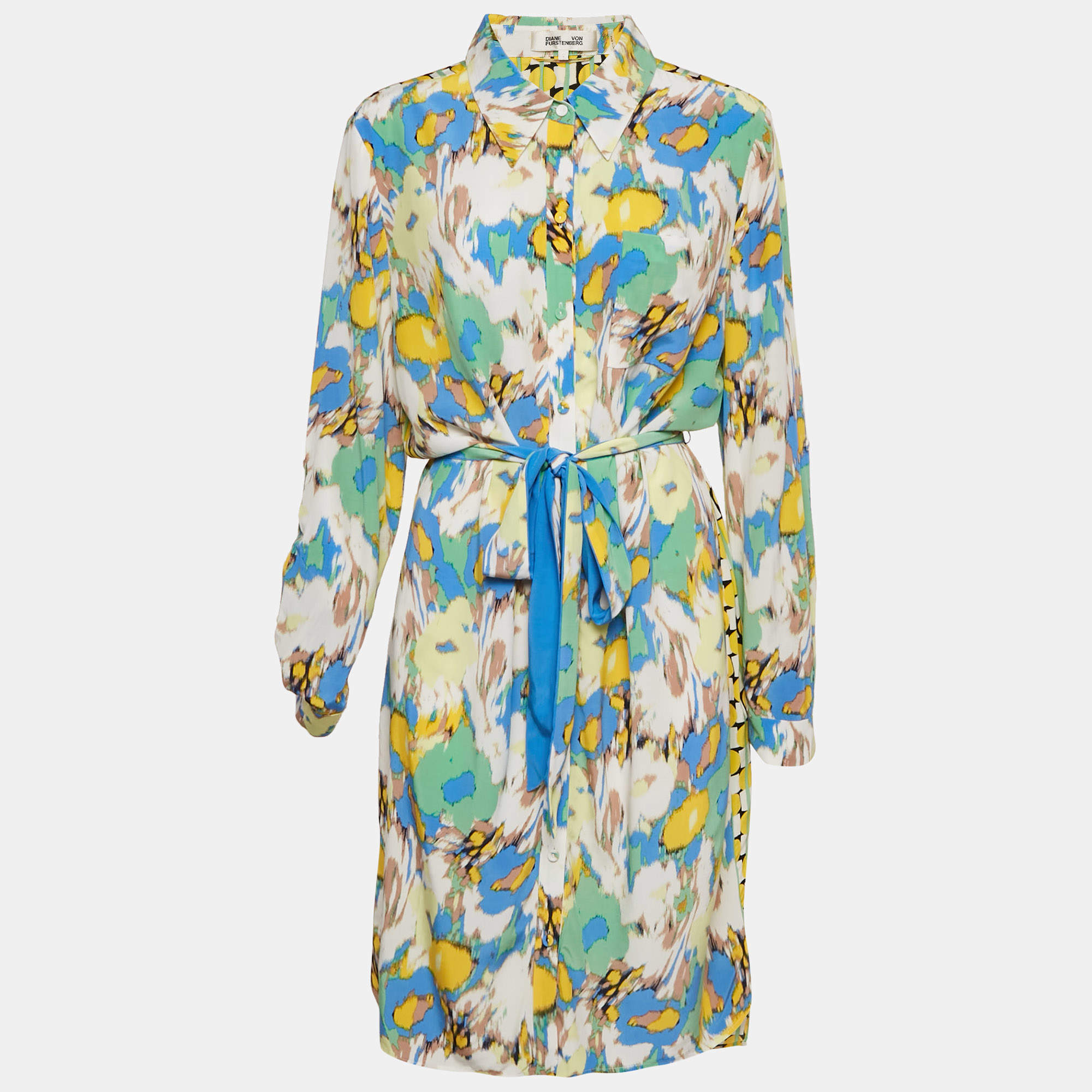 Diane Von Furstenberg Yellow Printed Crepe Belted Midi Dress L