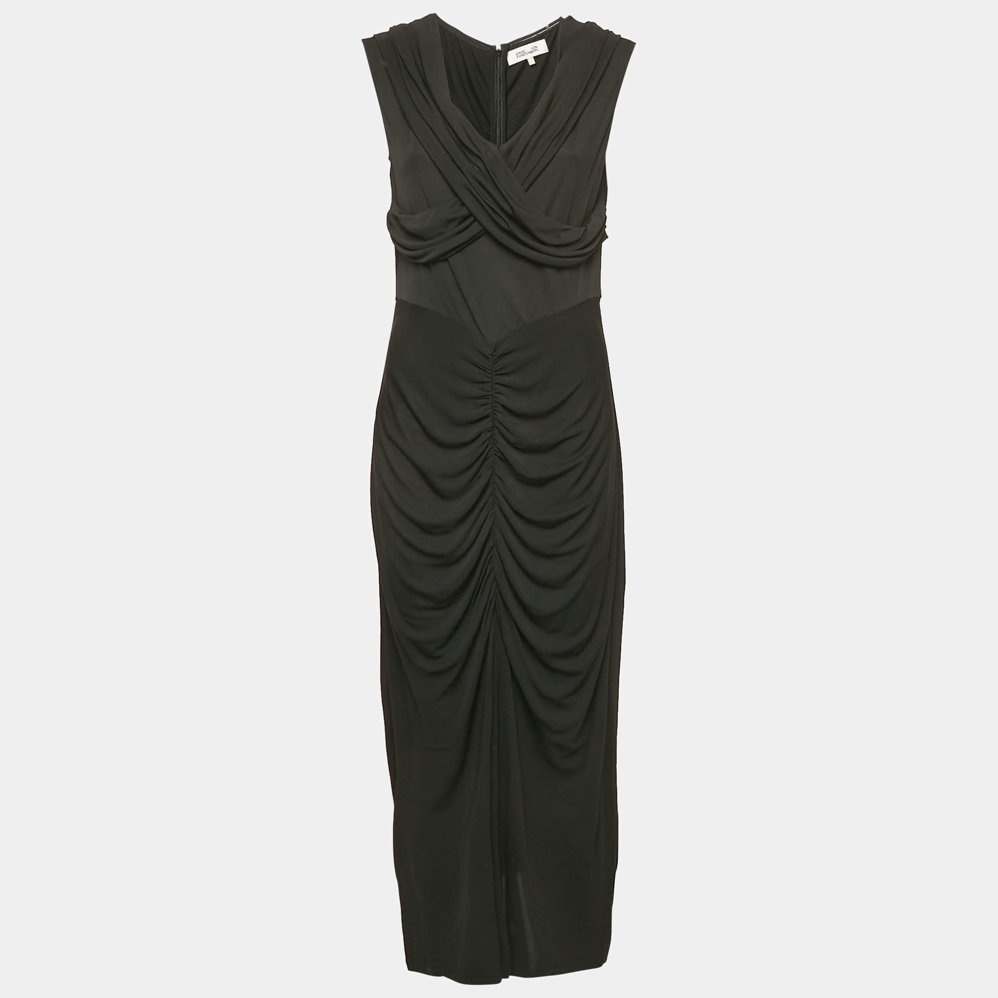 Pre Owned Diane Von Furstenberg Black Jersey Ruched Midi Dress L