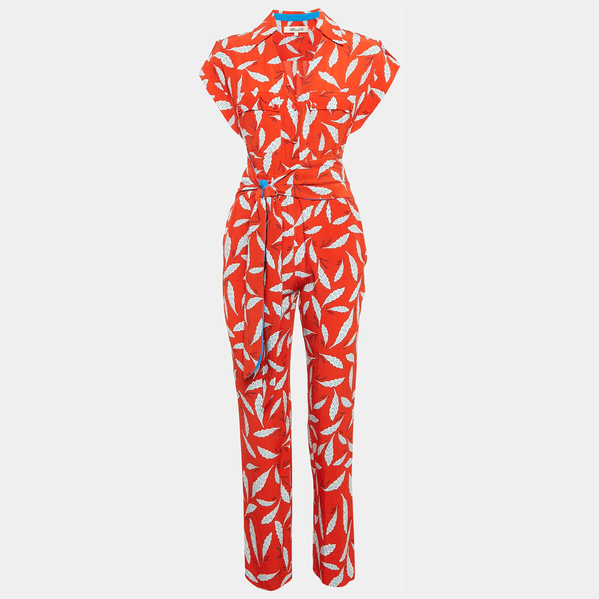 Diane Von Furstenberg Red Benji Print Crepe Tie-Up Detail Jumpsuit S