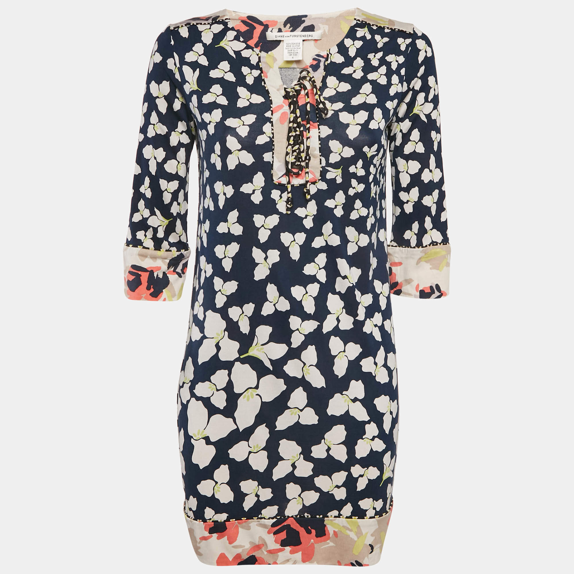 Diane Von Furstenberg Navy Blue Floral Print Silk jersey Trella Mini Dress S