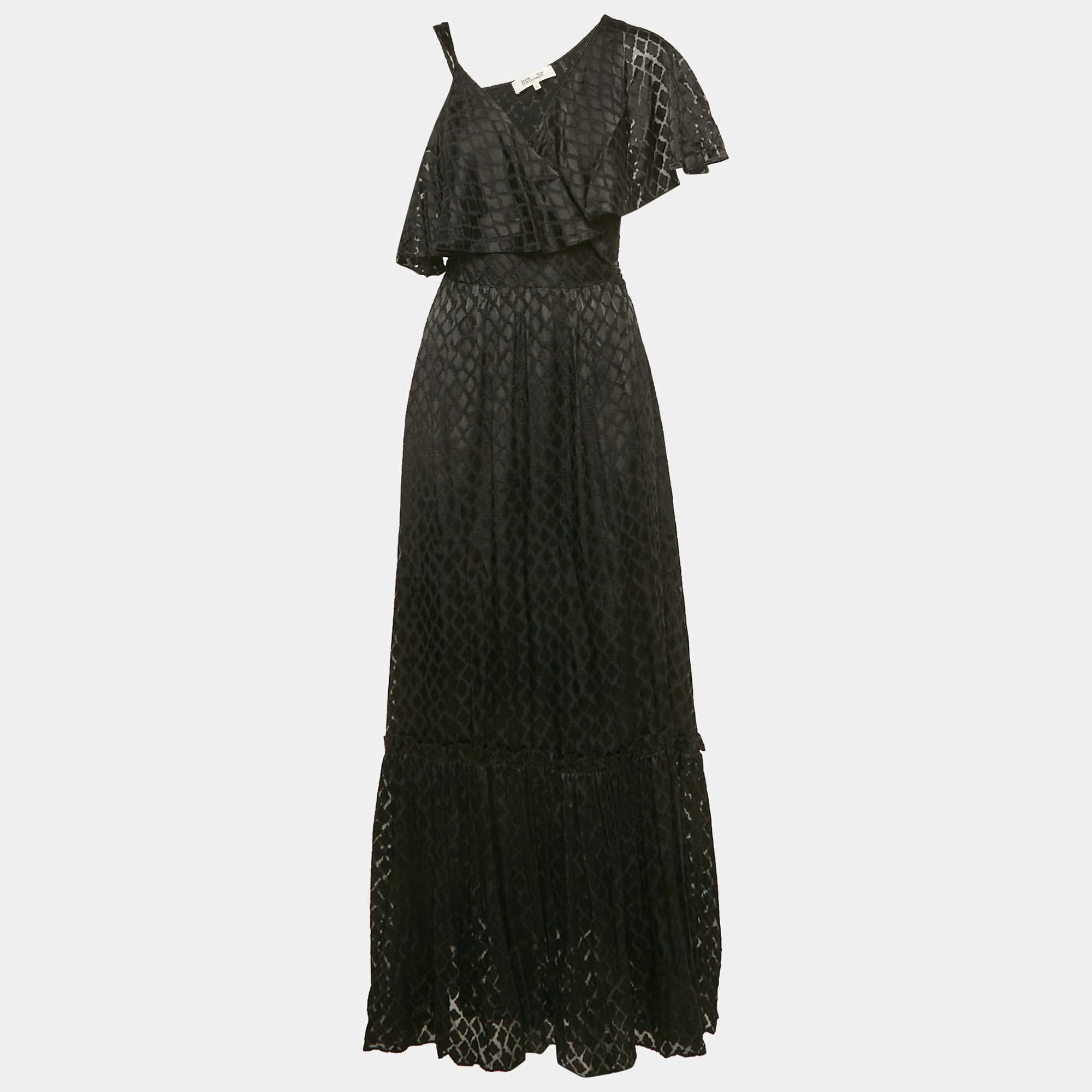 Diane Von Furstenberg Black Chiffon Dobby Wrap Dress S