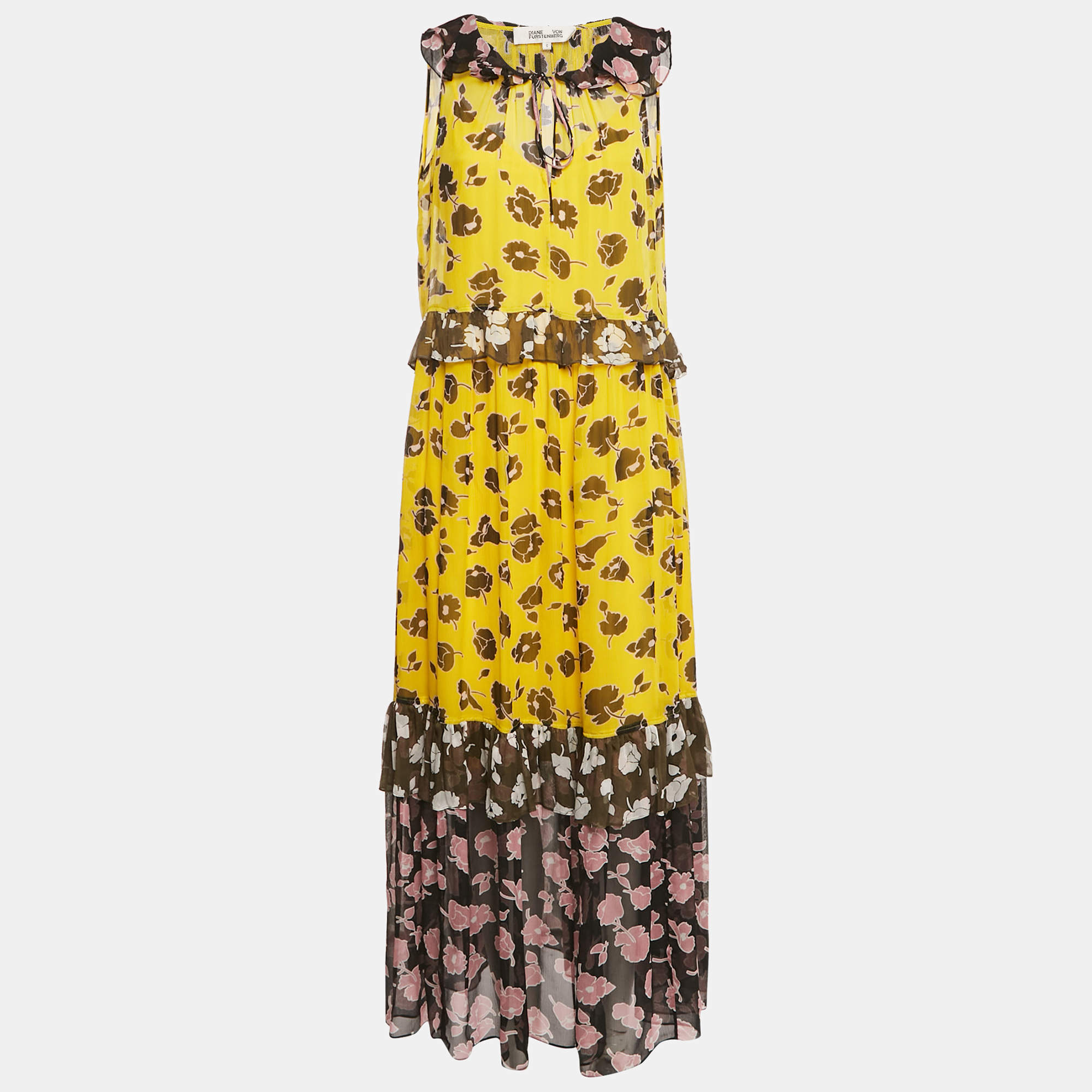 Diane von Furstenberg Yellow Floral Print Silk Long Dress S