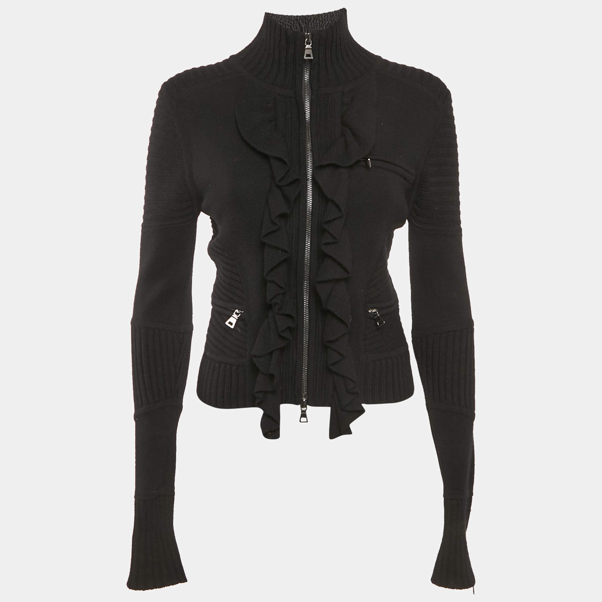 Pre Owned Diane Von Furstenberg Black Wool Knit Ruffled Zip-Up Madelyne Cardigan S