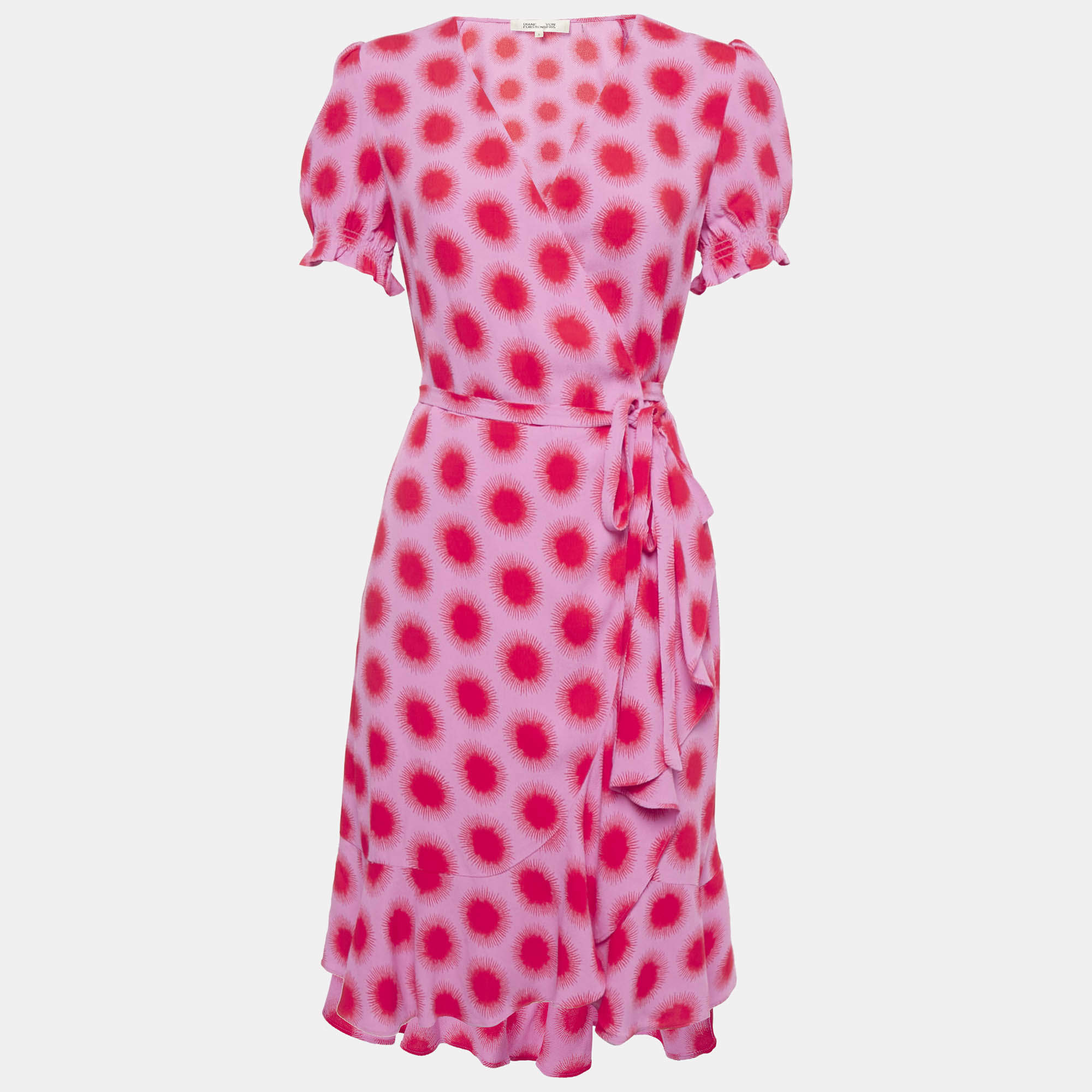 Pre Owned Diane Von Furstenberg Pink Printed Crepe Wrap Dress S