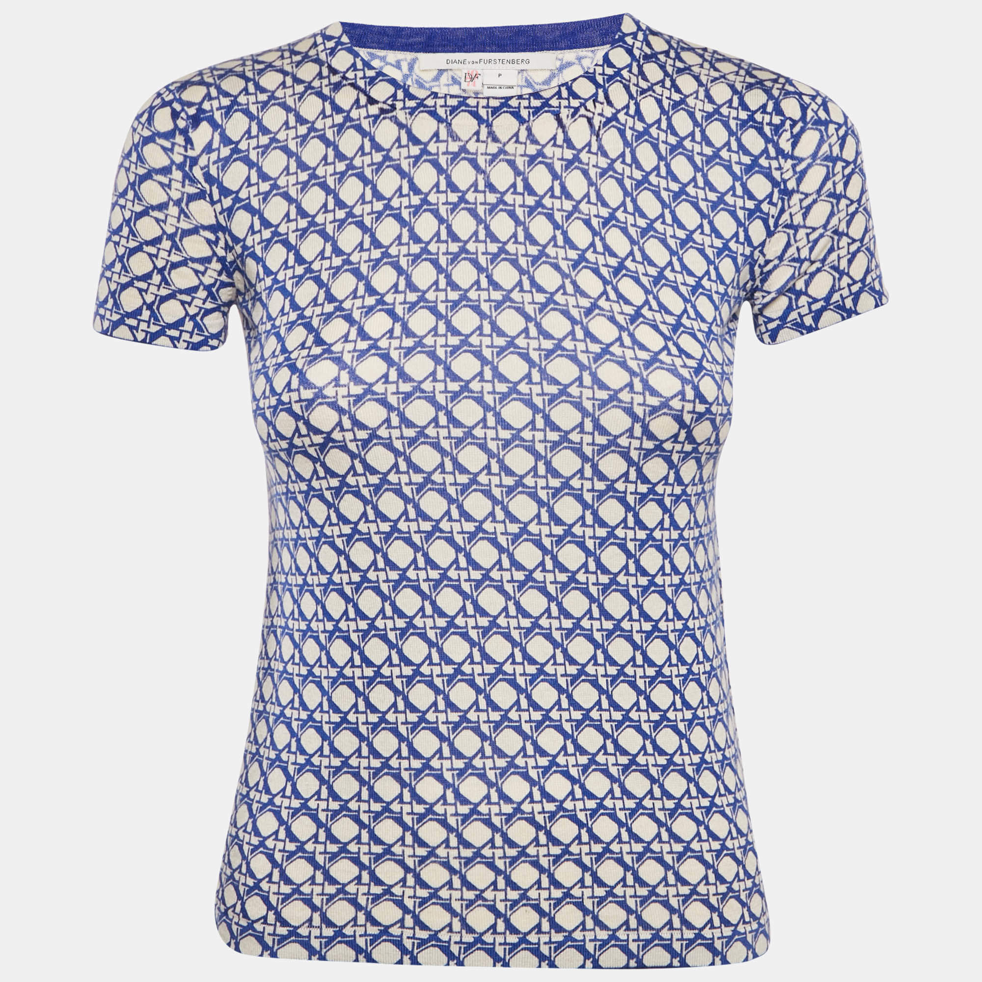 Pre Owned Diane Von Furstenberg Blue Printed Silk Blend Knit Top XS