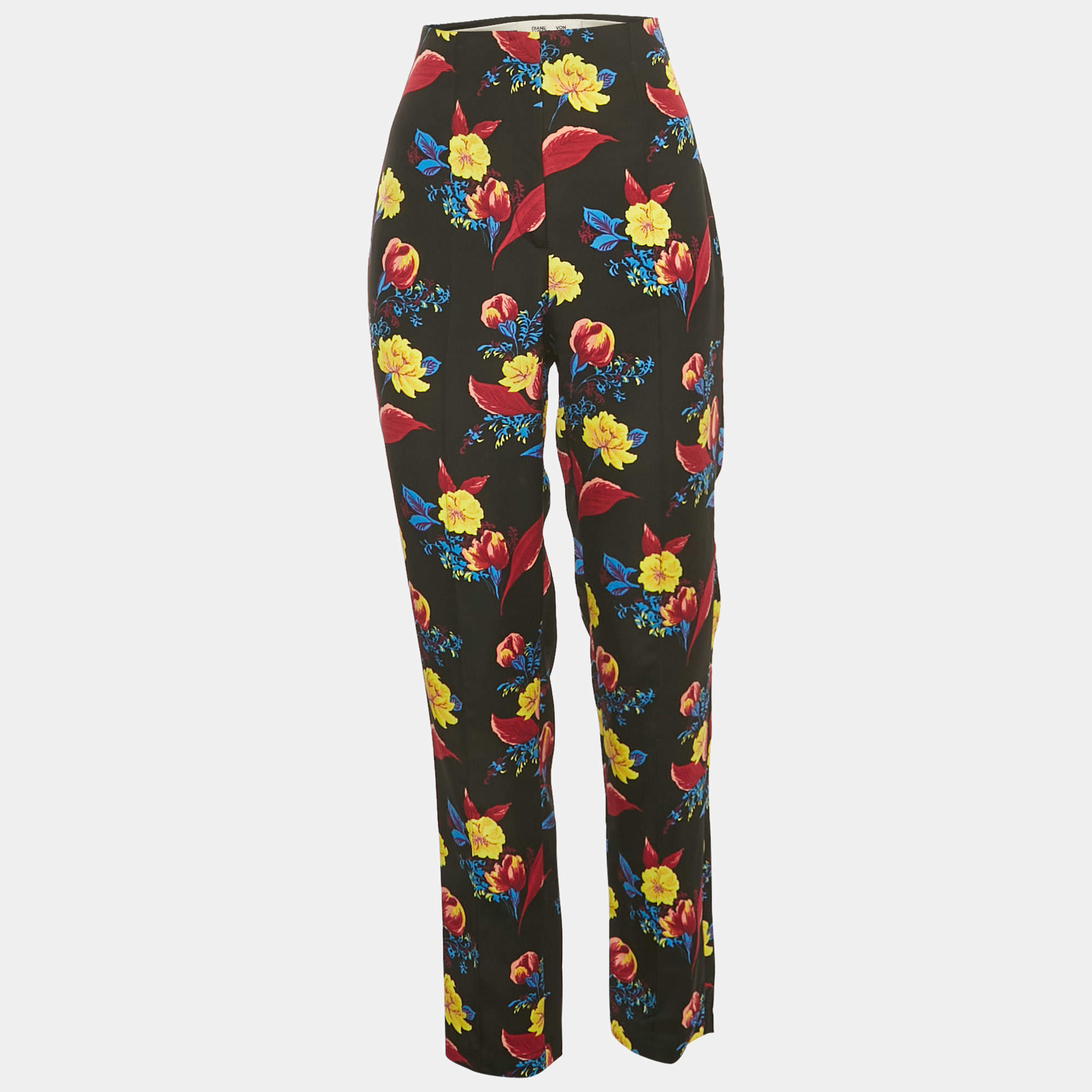 Pre Owned Diane Von Furstenberg Black Printed Crepe Trousers M