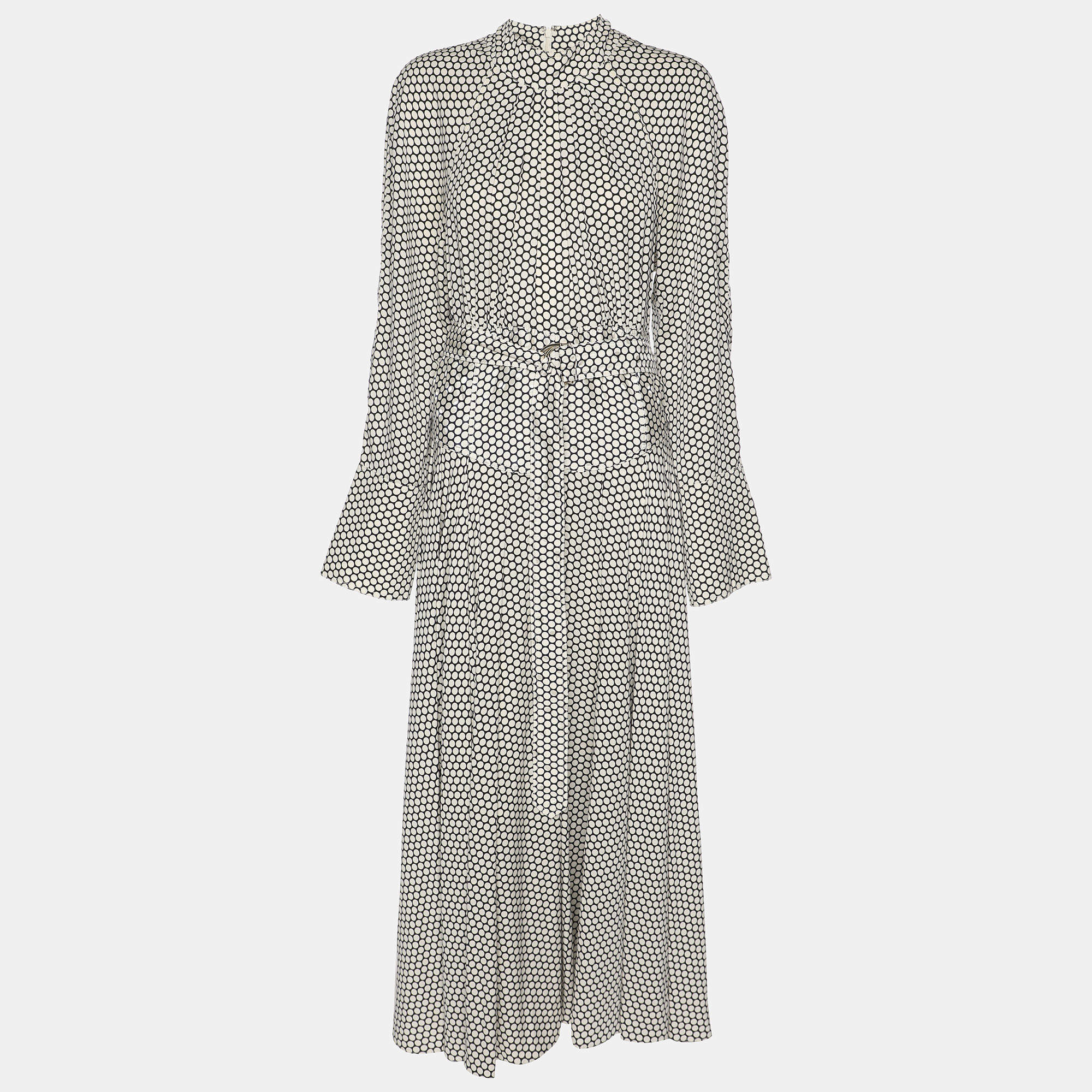 Pre Owned Diane Von Furstenberg White/Black Dot Print Stretch Silk Belted Maxi Dress XL