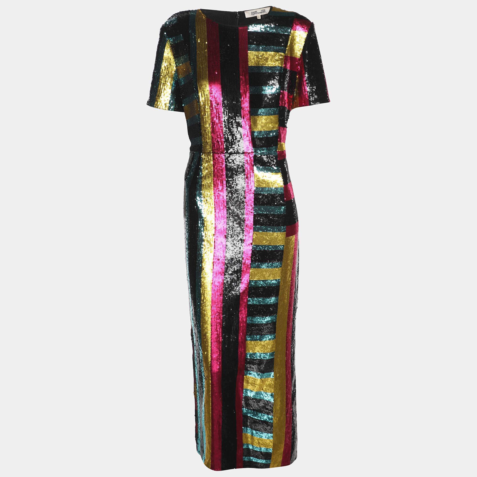 Pre Owned Diane Von Furstenberg Multicolor Sequined Midi Dress M
